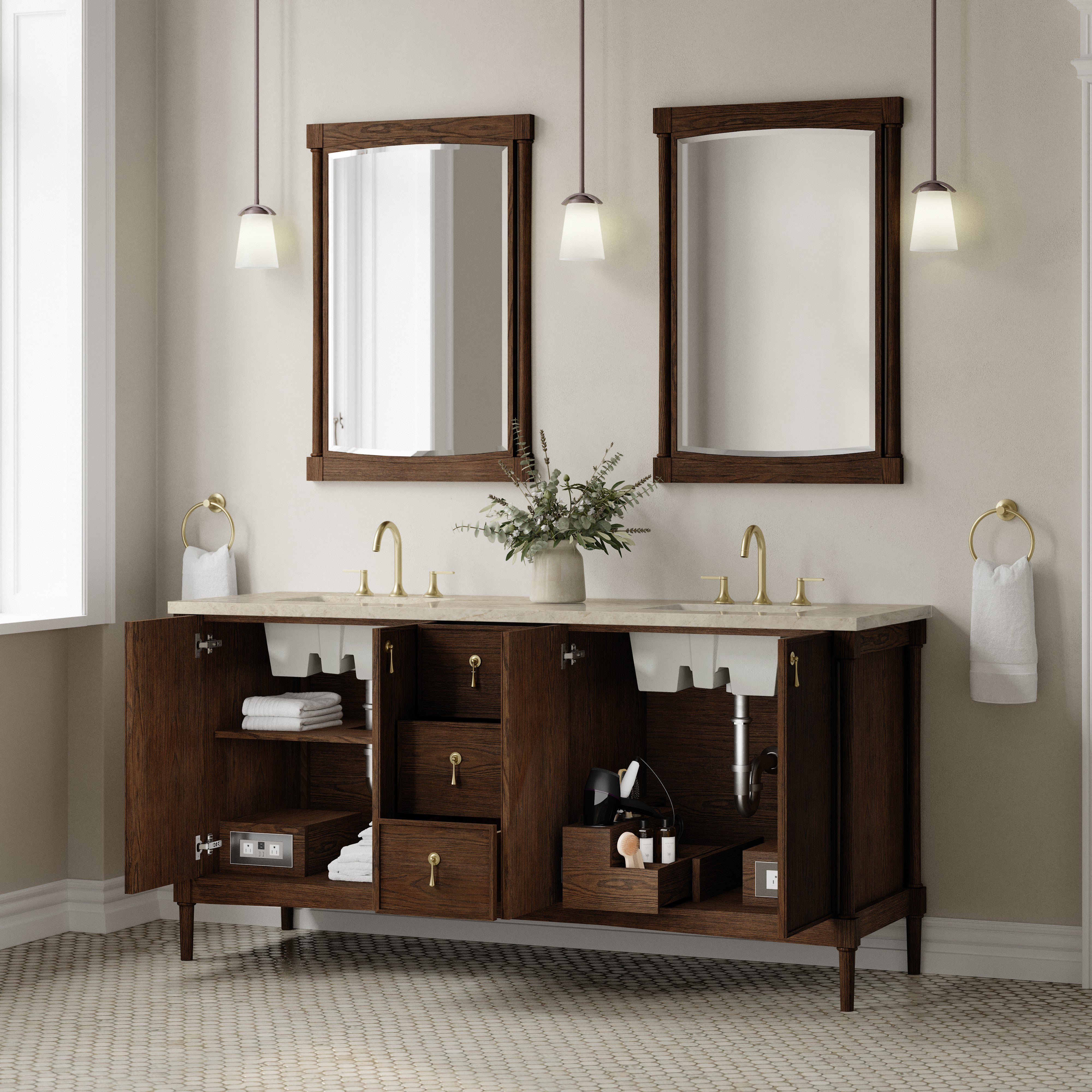 James Martin Kinnsden 72" Double Vanity in Sable Oak with 3cm Carrara Marble Top and FreePower Wireless Charger