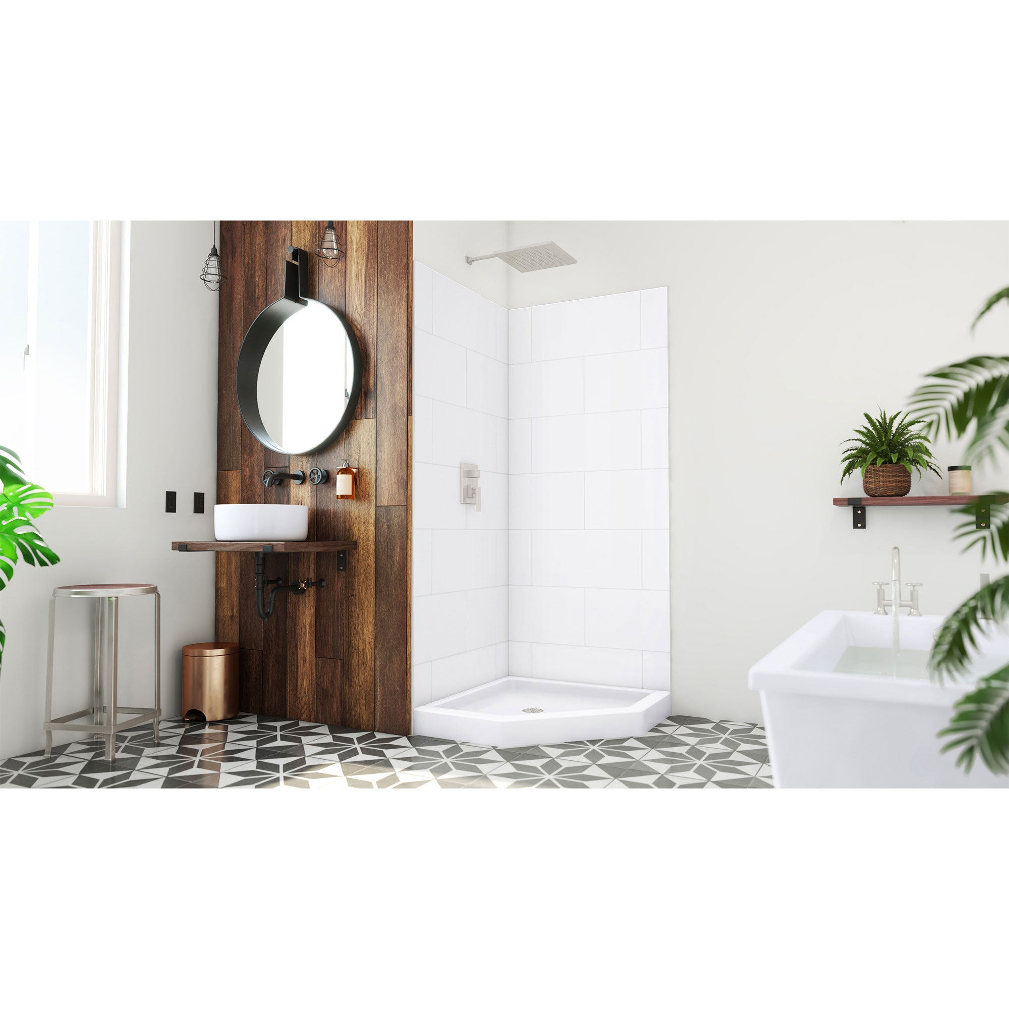 DreamLine DreamStone 36 inch D x 36 inch W Center Drain Shower Base and Traditional Subway Wall Kit