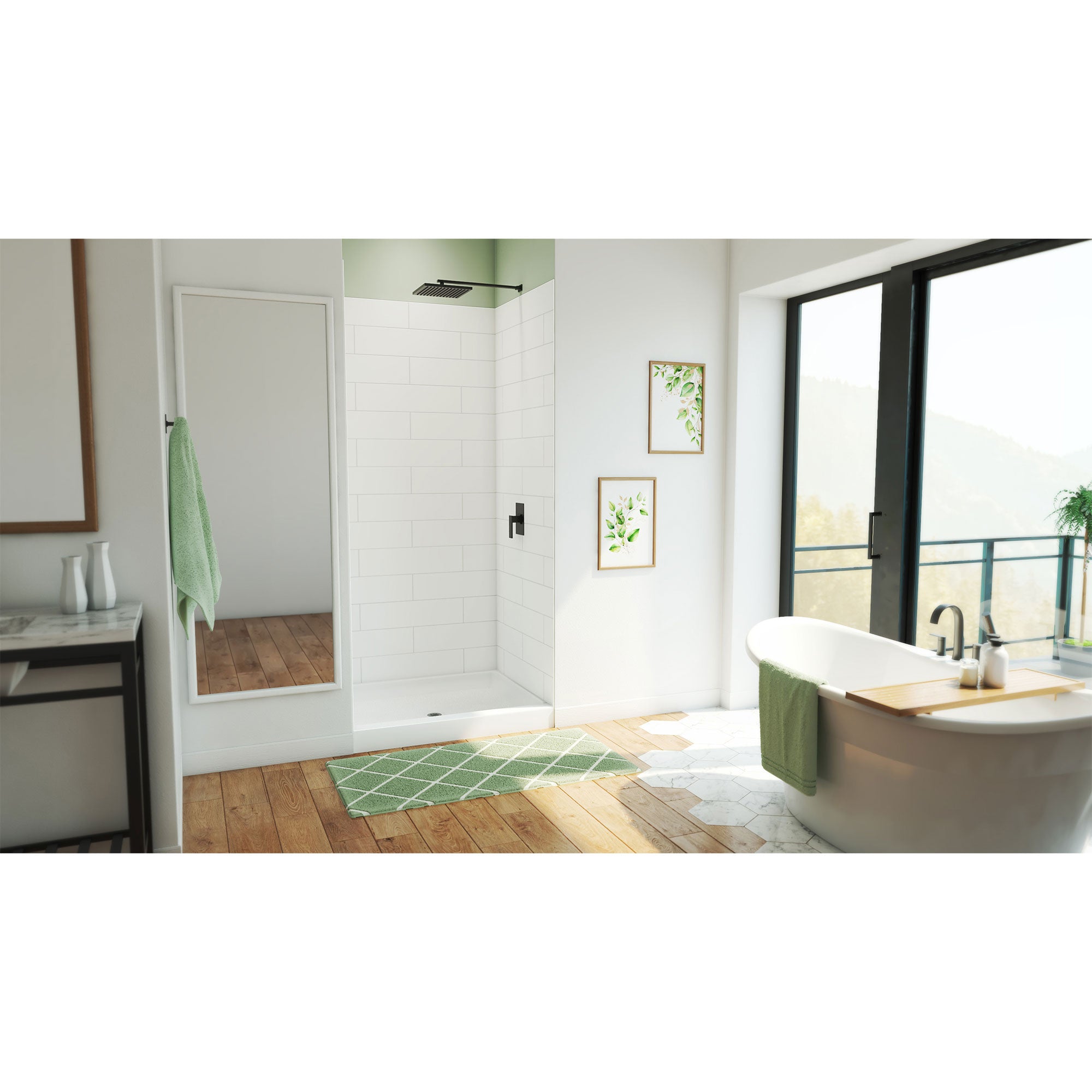 DreamLine DreamStone 34 inch D x 42 inch W Center Drain Shower Base and Modern Subway Wall Kit