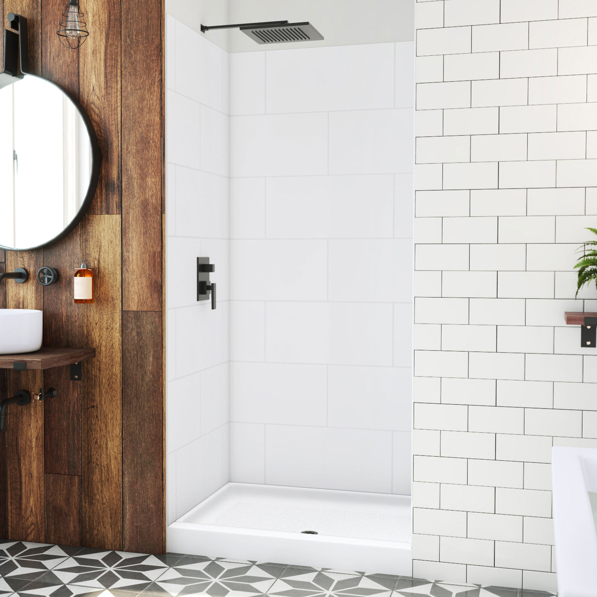 DreamLine DreamStone 34 inch D x 42 inch W Center Drain Shower Base and Modern Subway Wall Kit