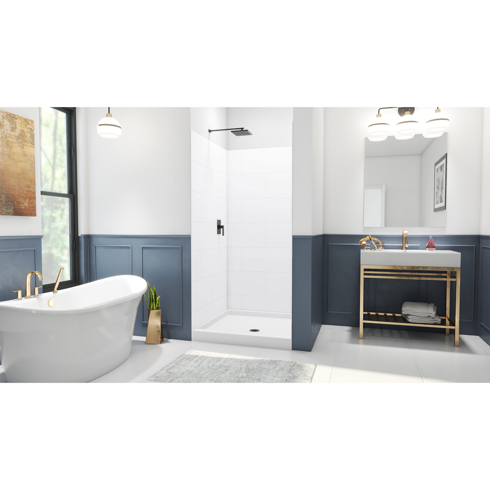 DreamLine DreamStone 42 inch D x 42 inch W Center Drain Shower Base and Traditional Subway Wall Kit