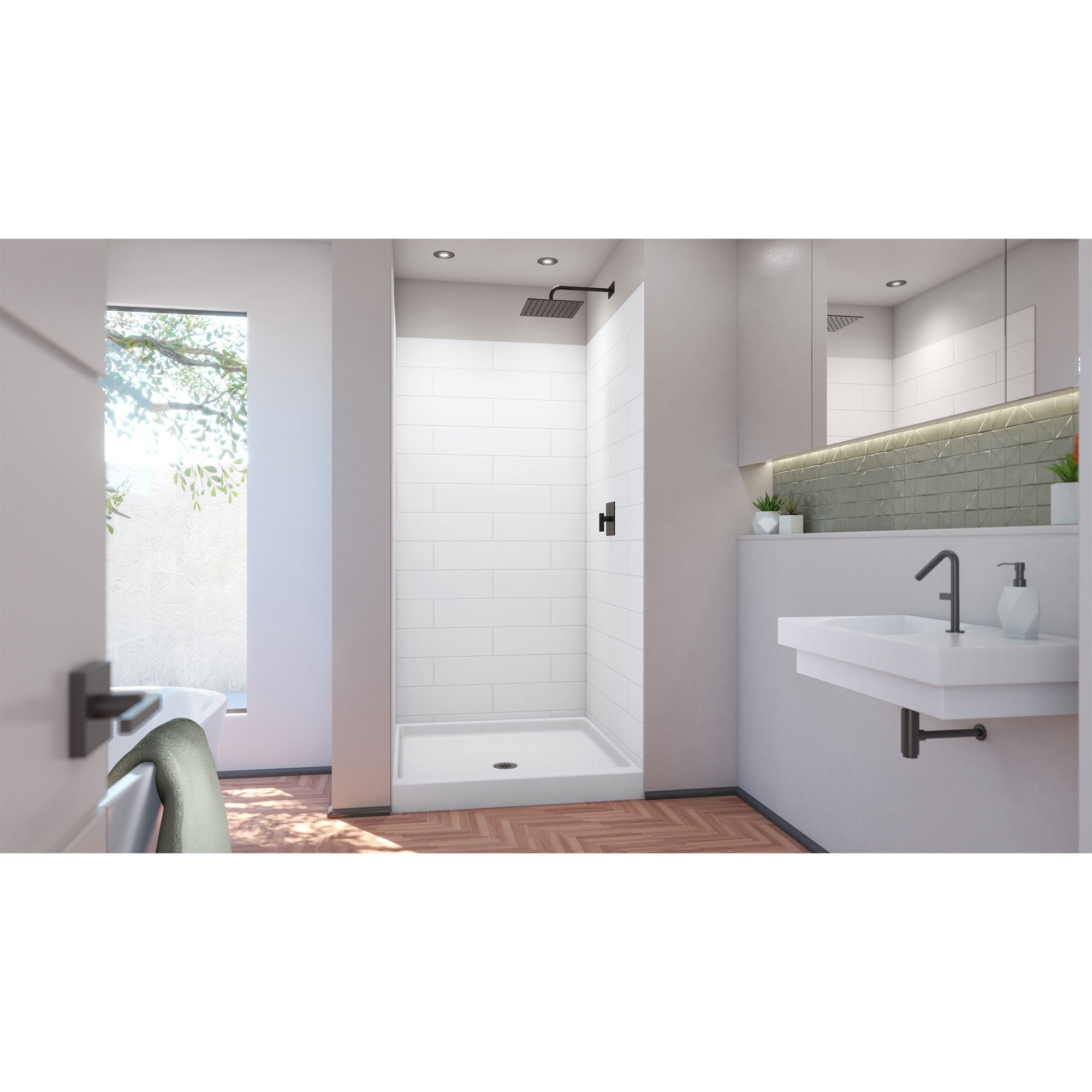 DreamLine DreamStone 42 inch D x 42 inch W Center Drain Shower Base and Traditional Subway Wall Kit
