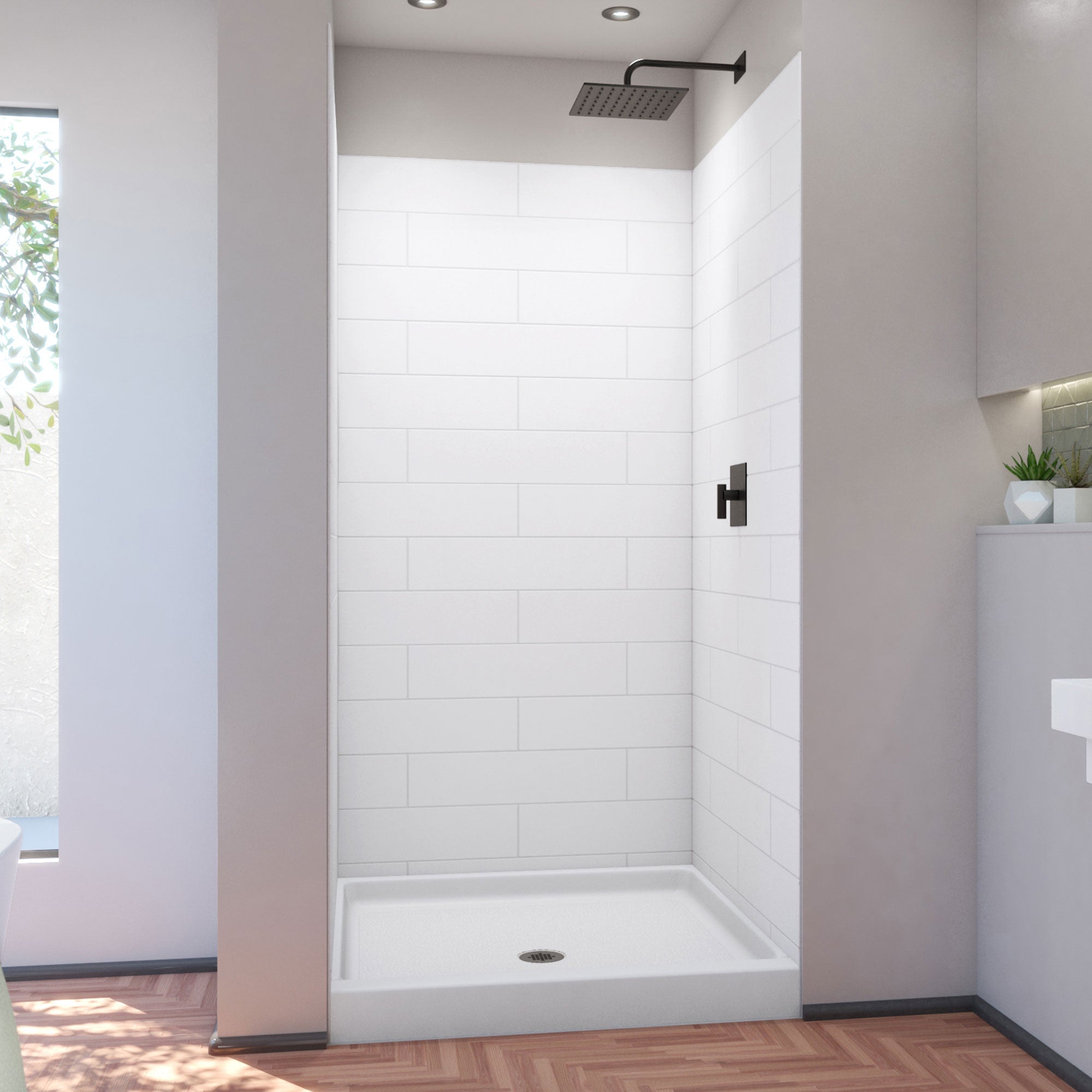 DreamLine DreamStone 42 inch D x 42 inch W Center Drain Shower Base and Traditional Subway Wall Kit