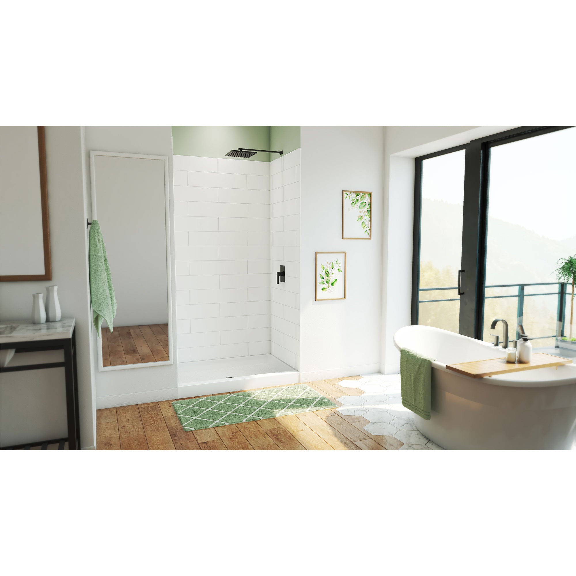 DreamLine DreamStone 32 inch D x 48 inch W Center Drain Shower Base and Modern Subway Wall Kit
