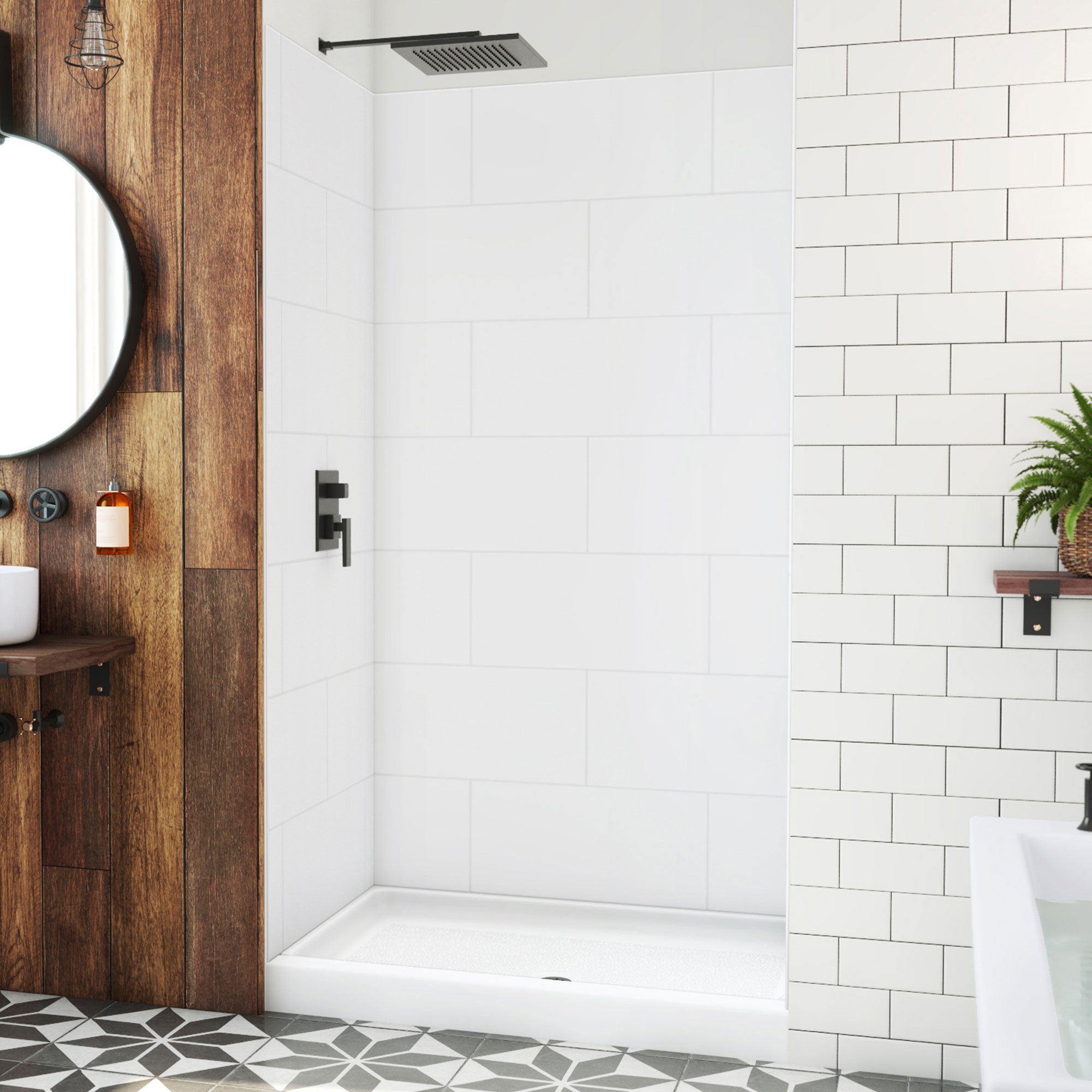 DreamLine DreamStone 32 inch D x 48 inch W Center Drain Shower Base and Modern Subway Wall Kit