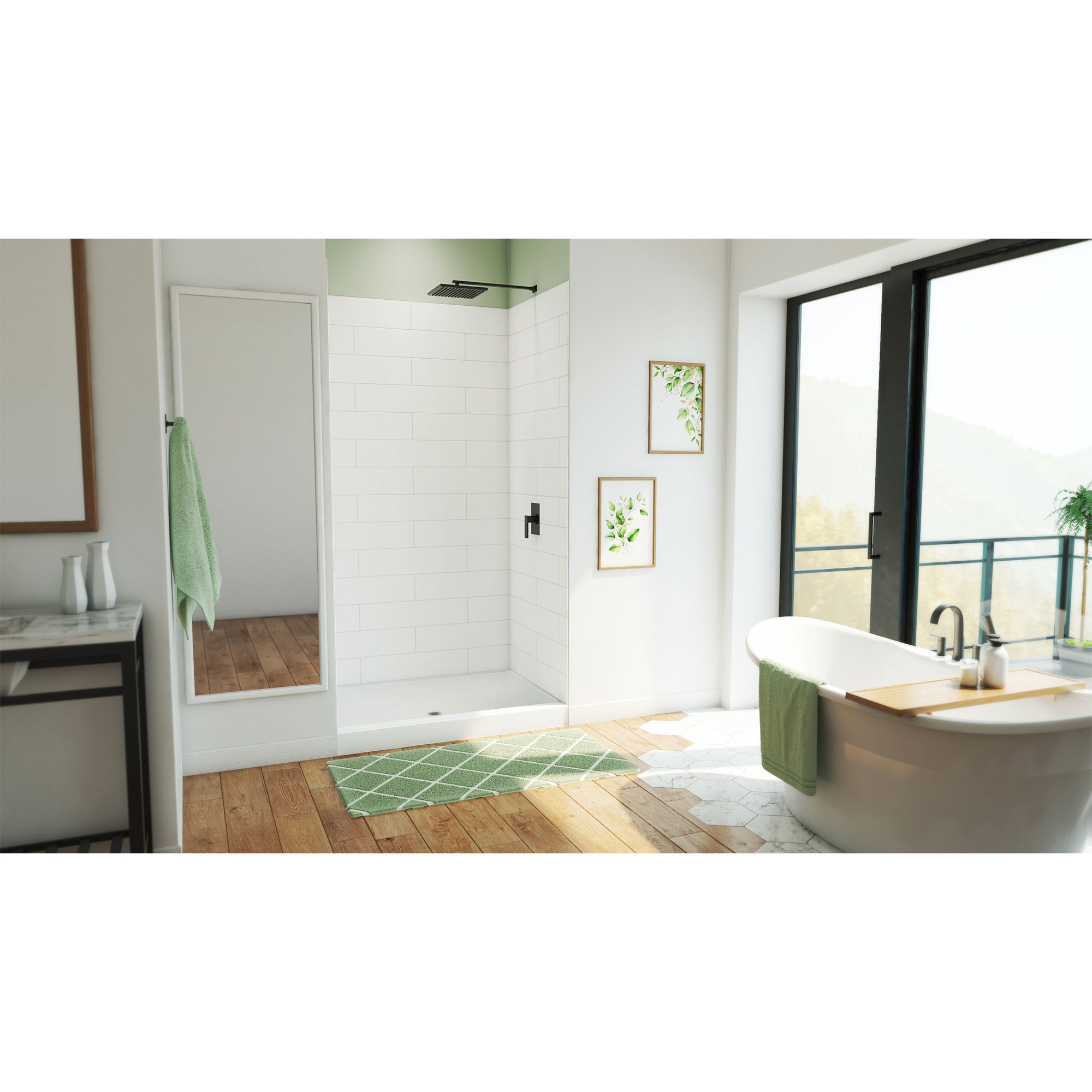 DreamLine DreamStone 34 inch D x 48 inch W Center Drain Shower Base and Traditional Subway Wall Kit