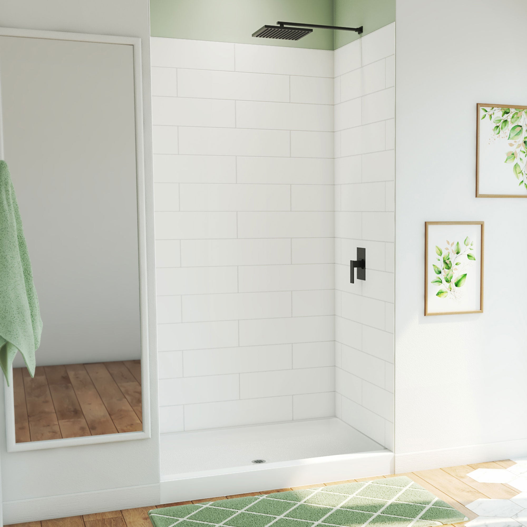 DreamLine DreamStone 34 inch D x 48 inch W Center Drain Shower Base and Traditional Subway Wall Kit
