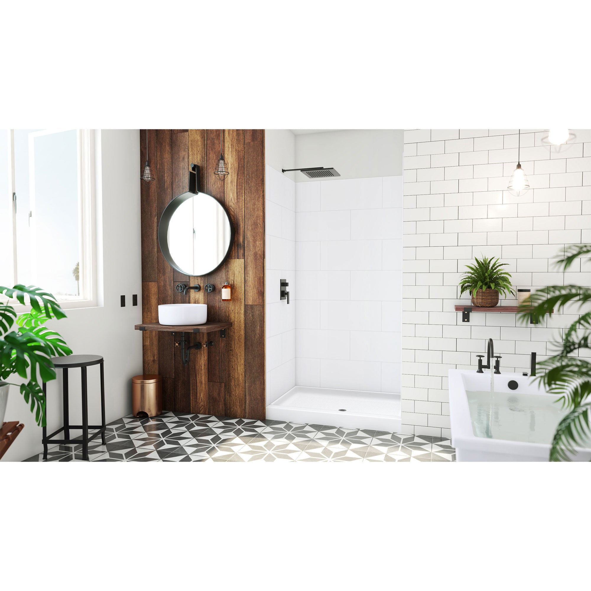 DreamLine DreamStone 34 inch D x 48 inch W Center Drain Shower Base and Traditional Subway Wall Kit