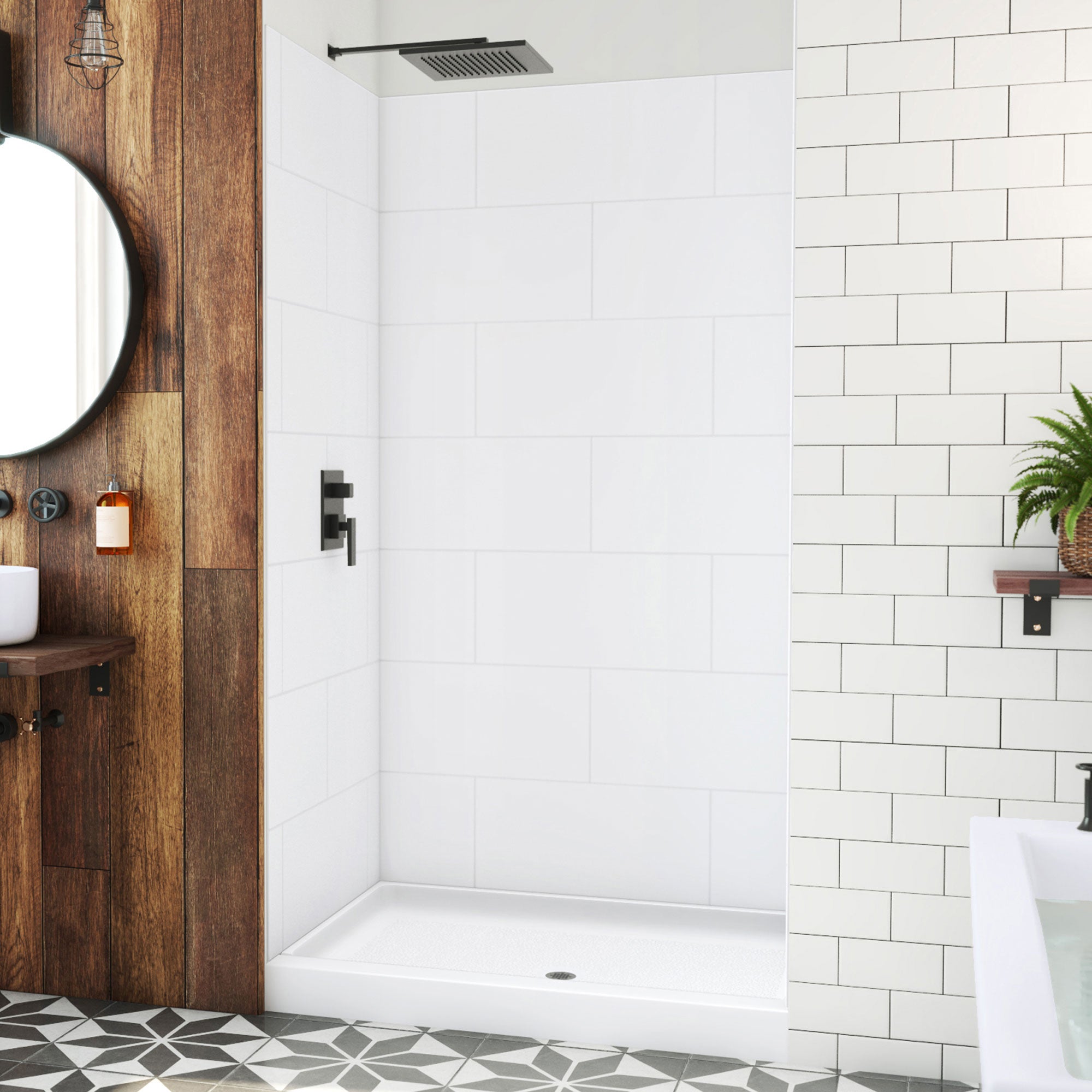 DreamLine DreamStone 34 inch D x 48 inch W Center Drain Shower Base and Traditional Subway Wall Kit