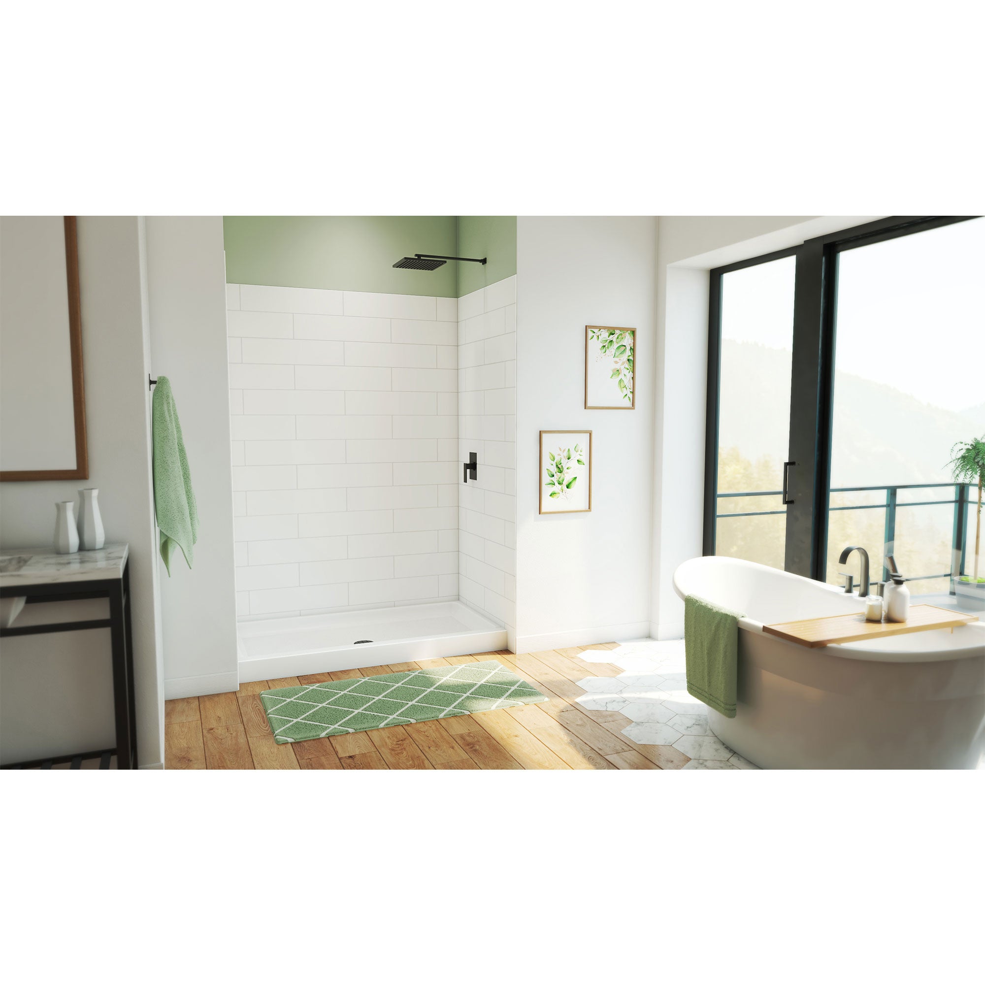 DreamLine DreamStone 32 inch D x 60 inch W Center Drain Shower Base and Modern Subway Wall Kit