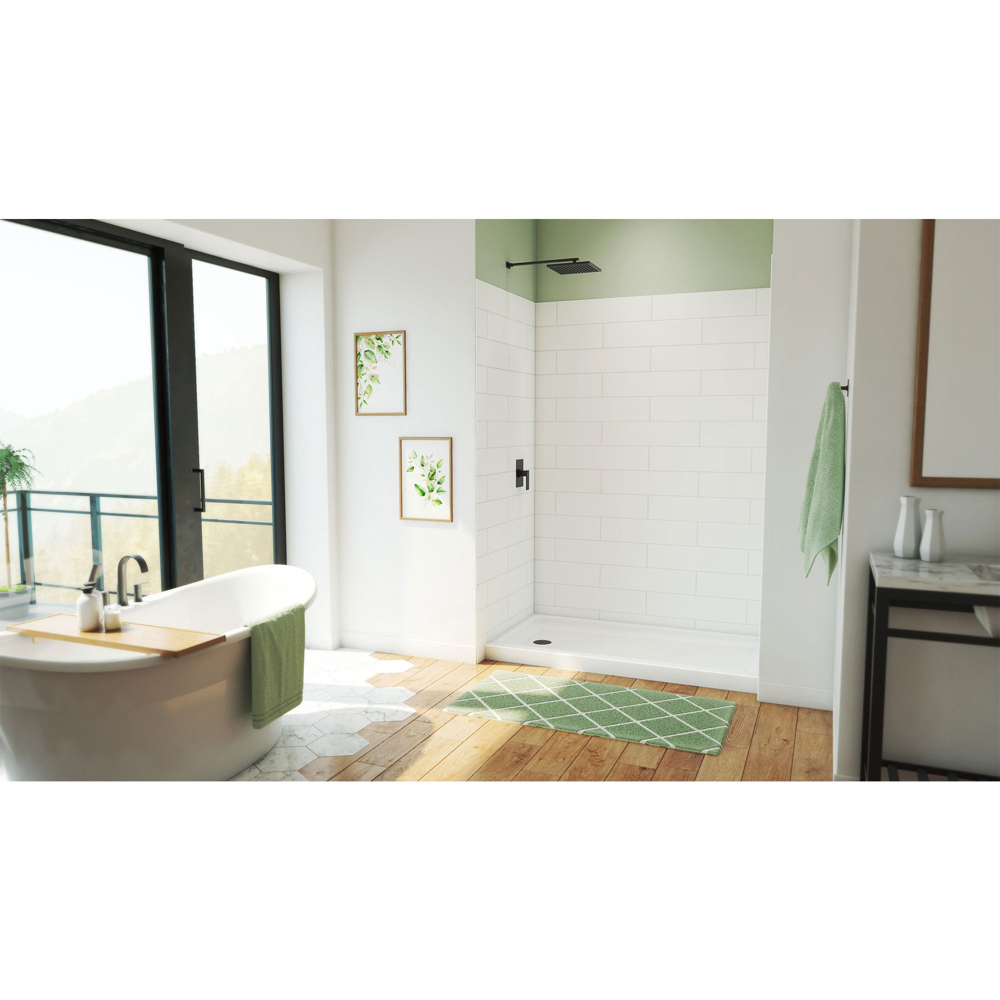 DreamLine DreamStone 32 inch D x 60 inch W Right Drain Shower Base and Traditional Subway Wall Kit