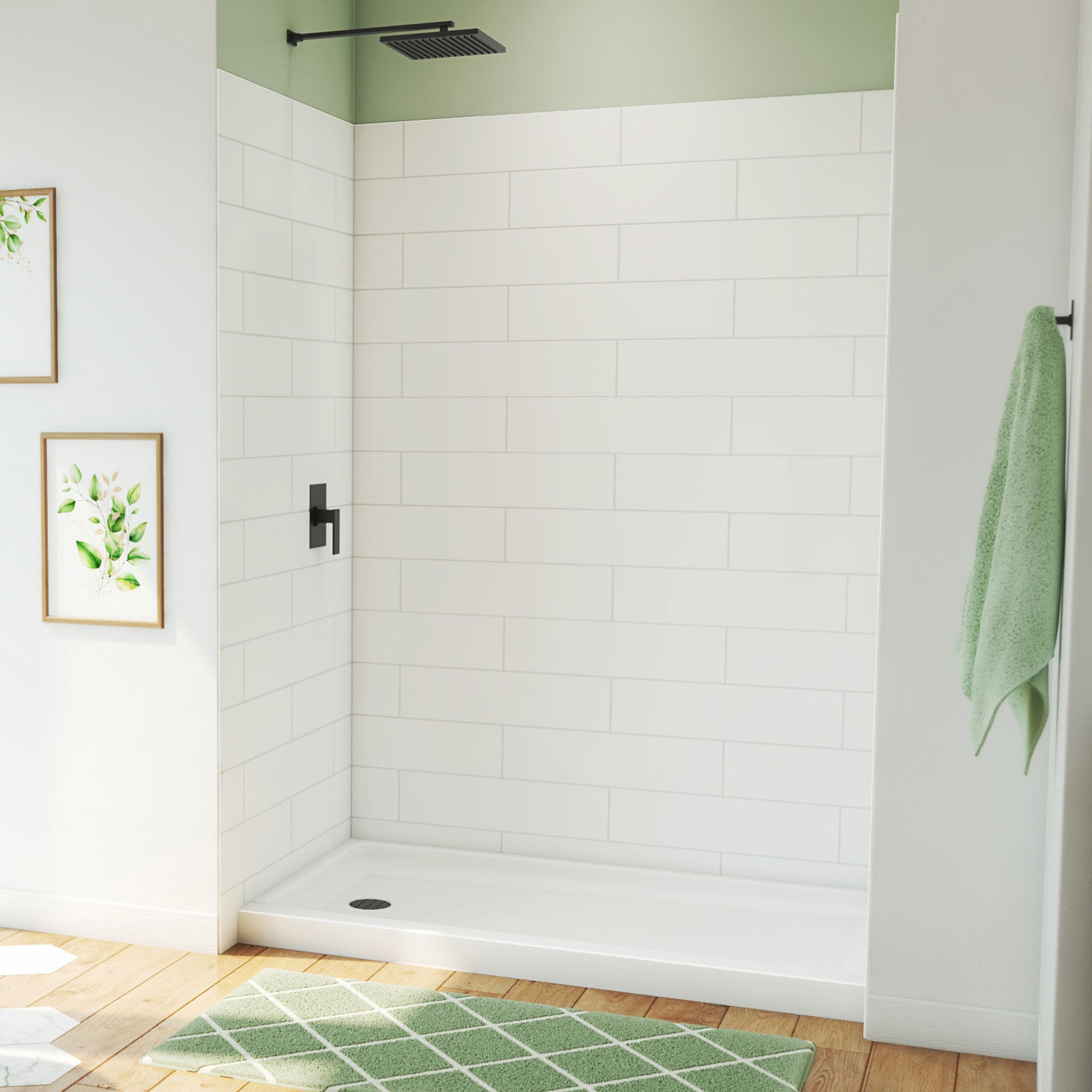 DreamLine DreamStone 32 inch D x 60 inch W Right Drain Shower Base and Traditional Subway Wall Kit
