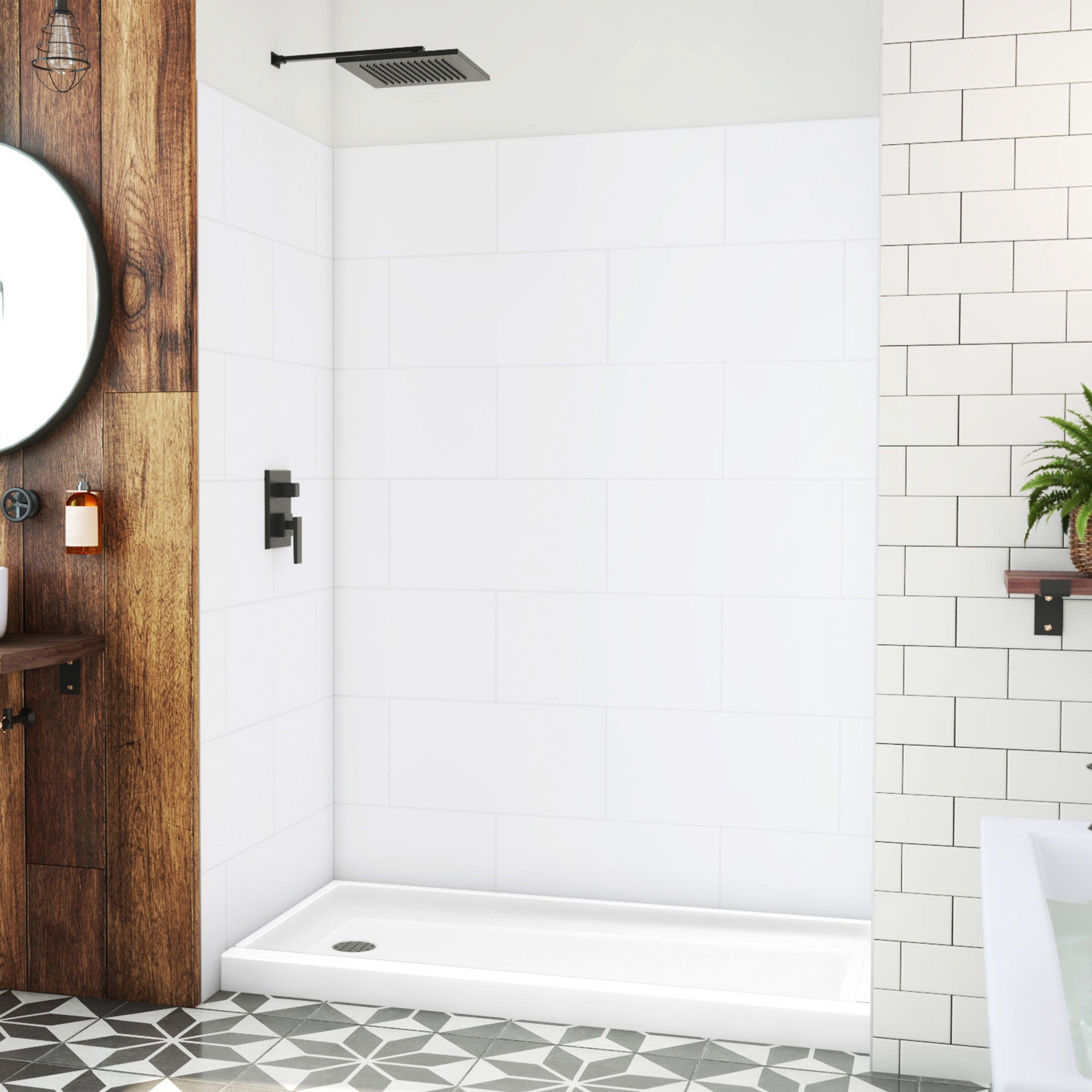 DreamLine DreamStone 32 inch D x 60 inch W Right Drain Shower Base and Traditional Subway Wall Kit
