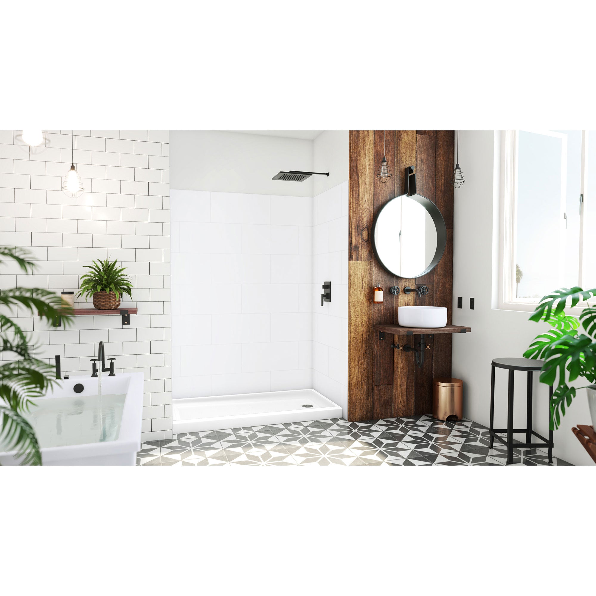 DreamLine DreamStone 32 inch D x 60 inch W Right Drain Shower Base and Traditional Subway Wall Kit