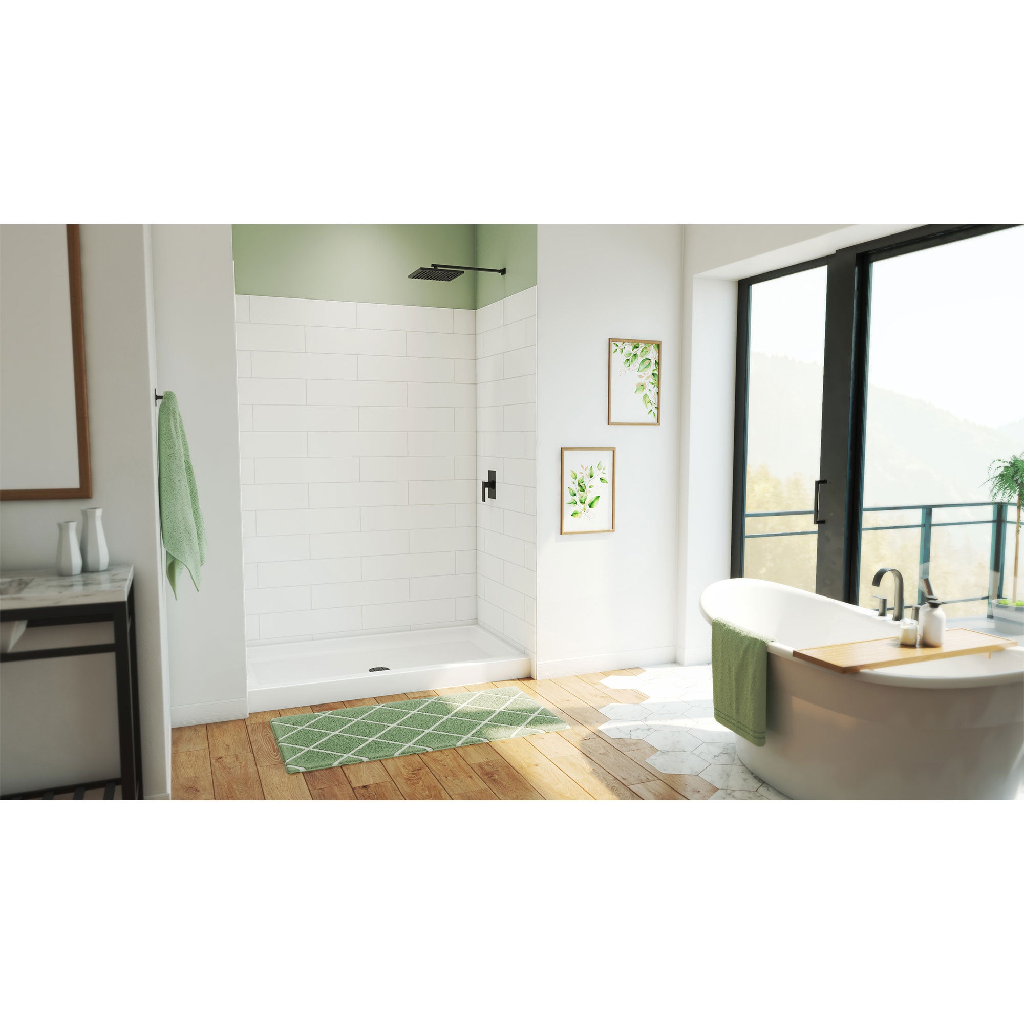 DreamLine DreamStone 34 inch D x 60 inch W Center Drain Shower Base and Traditional Subway Wall Kit