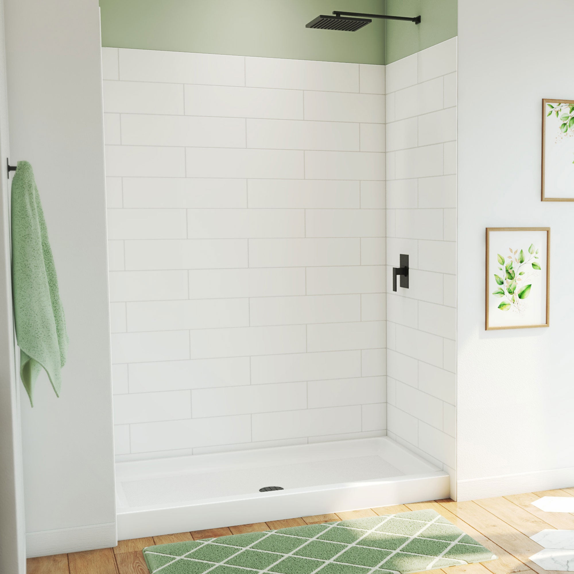 DreamLine DreamStone 34 inch D x 60 inch W Center Drain Shower Base and Traditional Subway Wall Kit