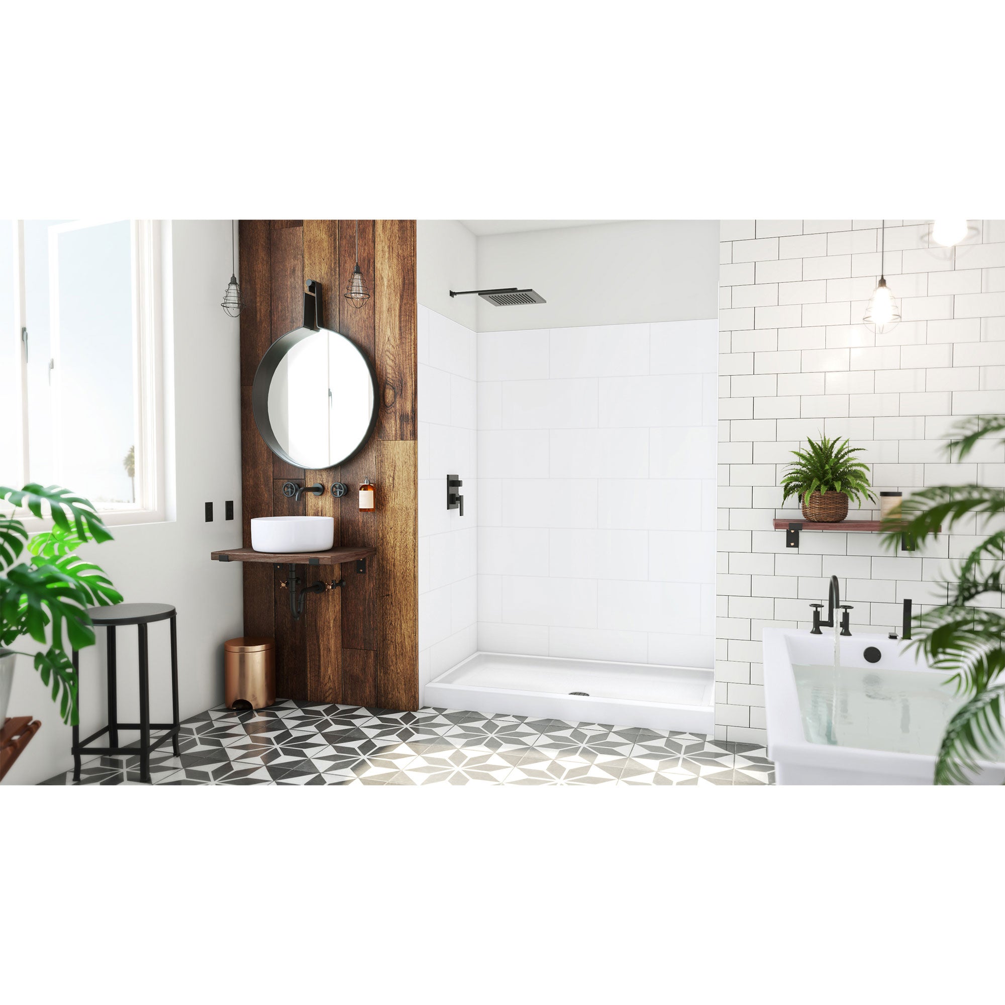 DreamLine DreamStone 34 inch D x 60 inch W Center Drain Shower Base and Traditional Subway Wall Kit