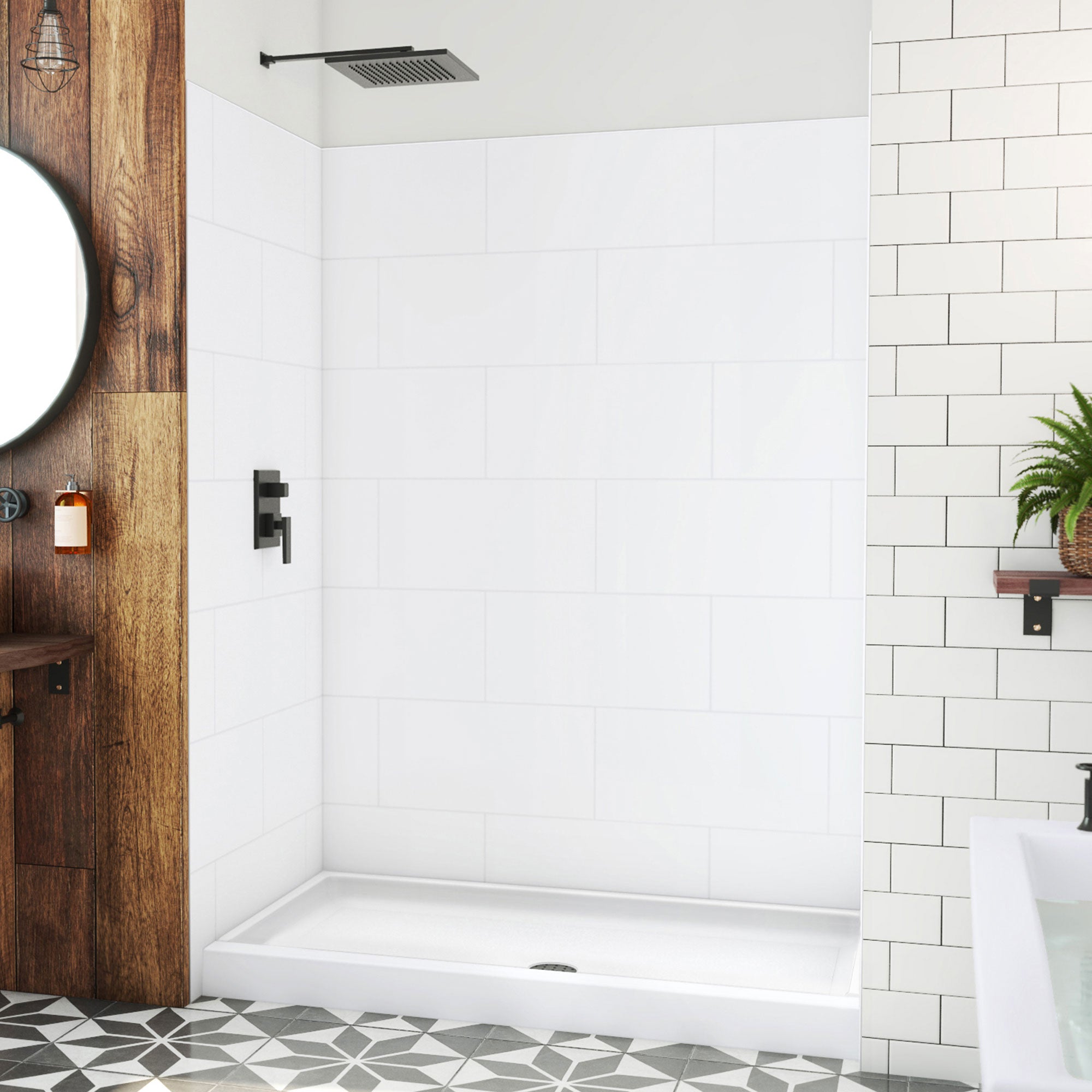 DreamLine DreamStone 34 inch D x 60 inch W Center Drain Shower Base and Traditional Subway Wall Kit