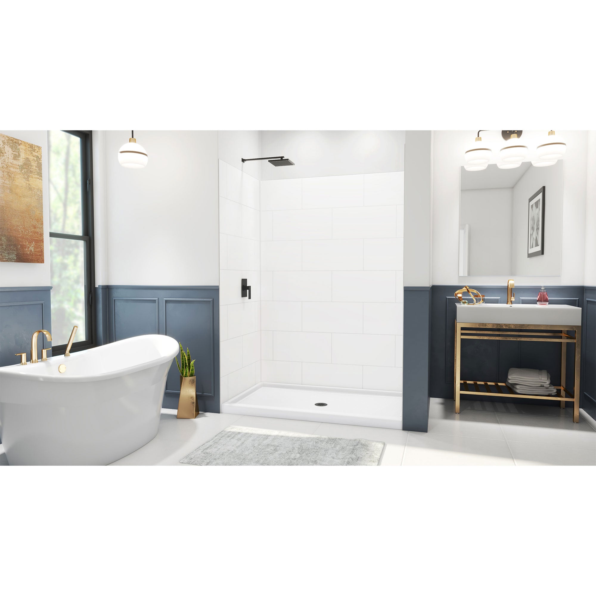 DreamLine DreamStone 36 inch D x 60 inch W Center Drain Shower Base and Modern Subway Wall Kit
