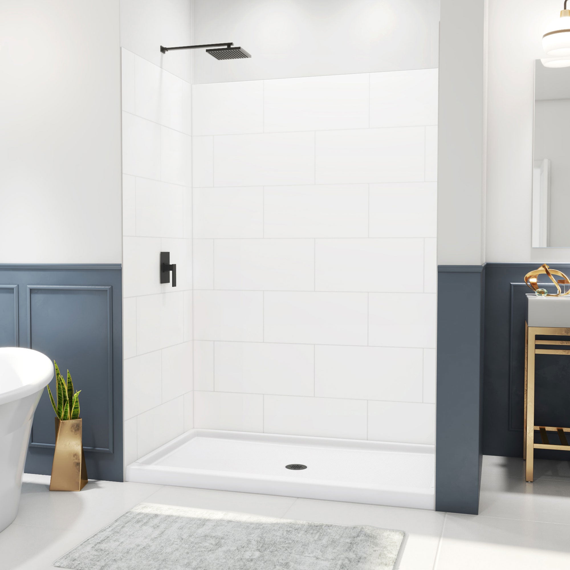 DreamLine DreamStone 36 inch D x 60 inch W Center Drain Shower Base and Modern Subway Wall Kit