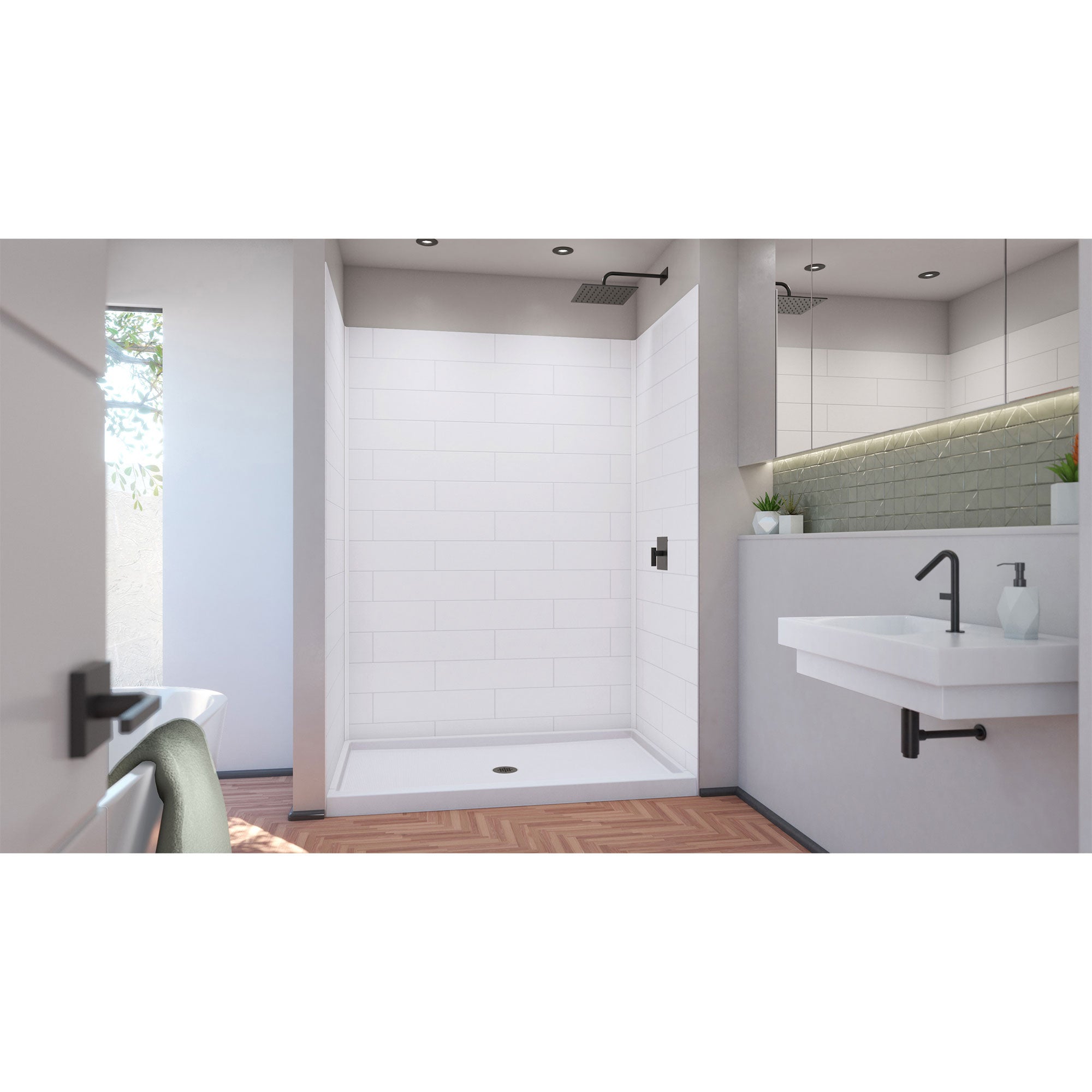 DreamLine DreamStone 36 inch D x 60 inch W Center Drain Shower Base and Modern Subway Wall Kit