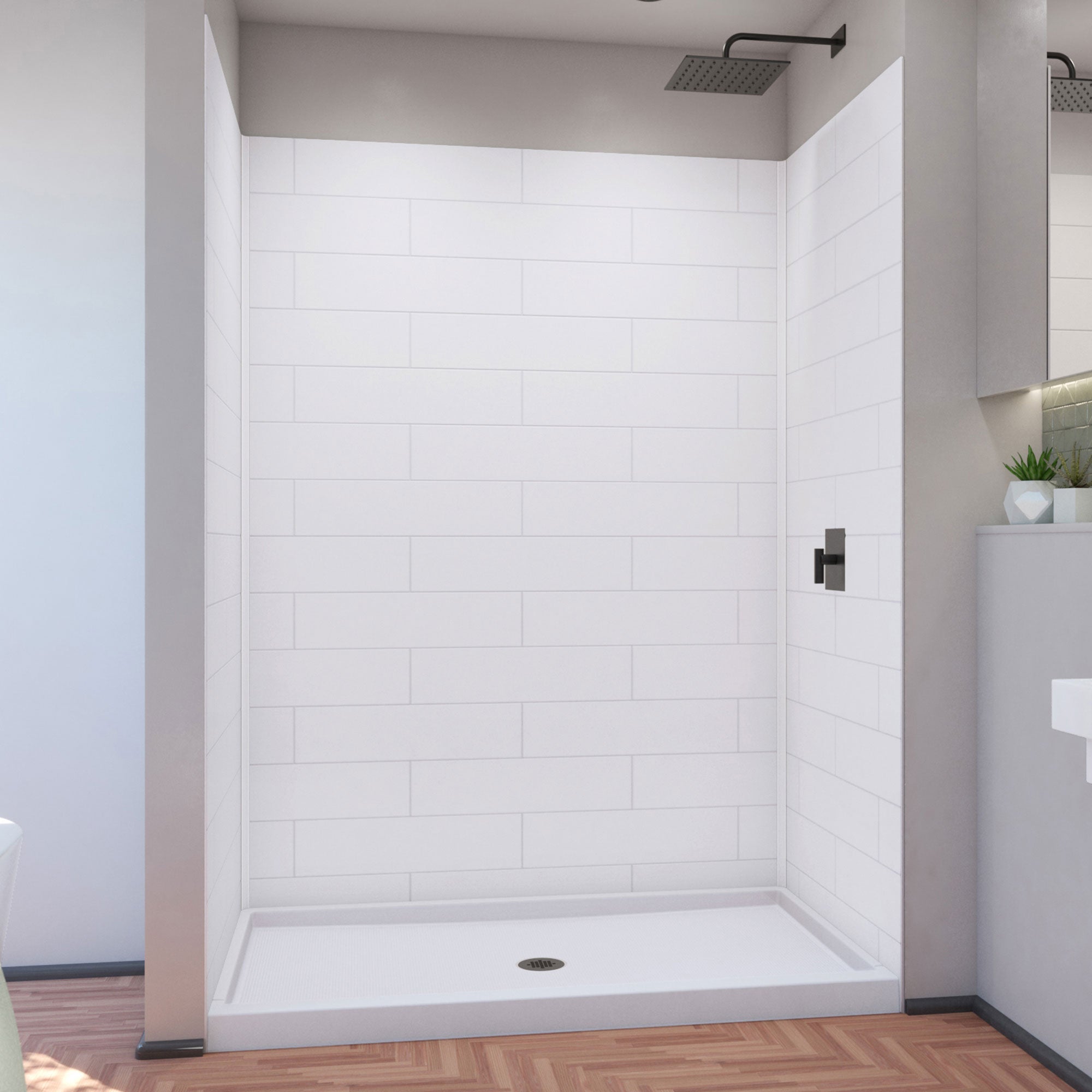 DreamLine DreamStone 36 inch D x 60 inch W Center Drain Shower Base and Modern Subway Wall Kit