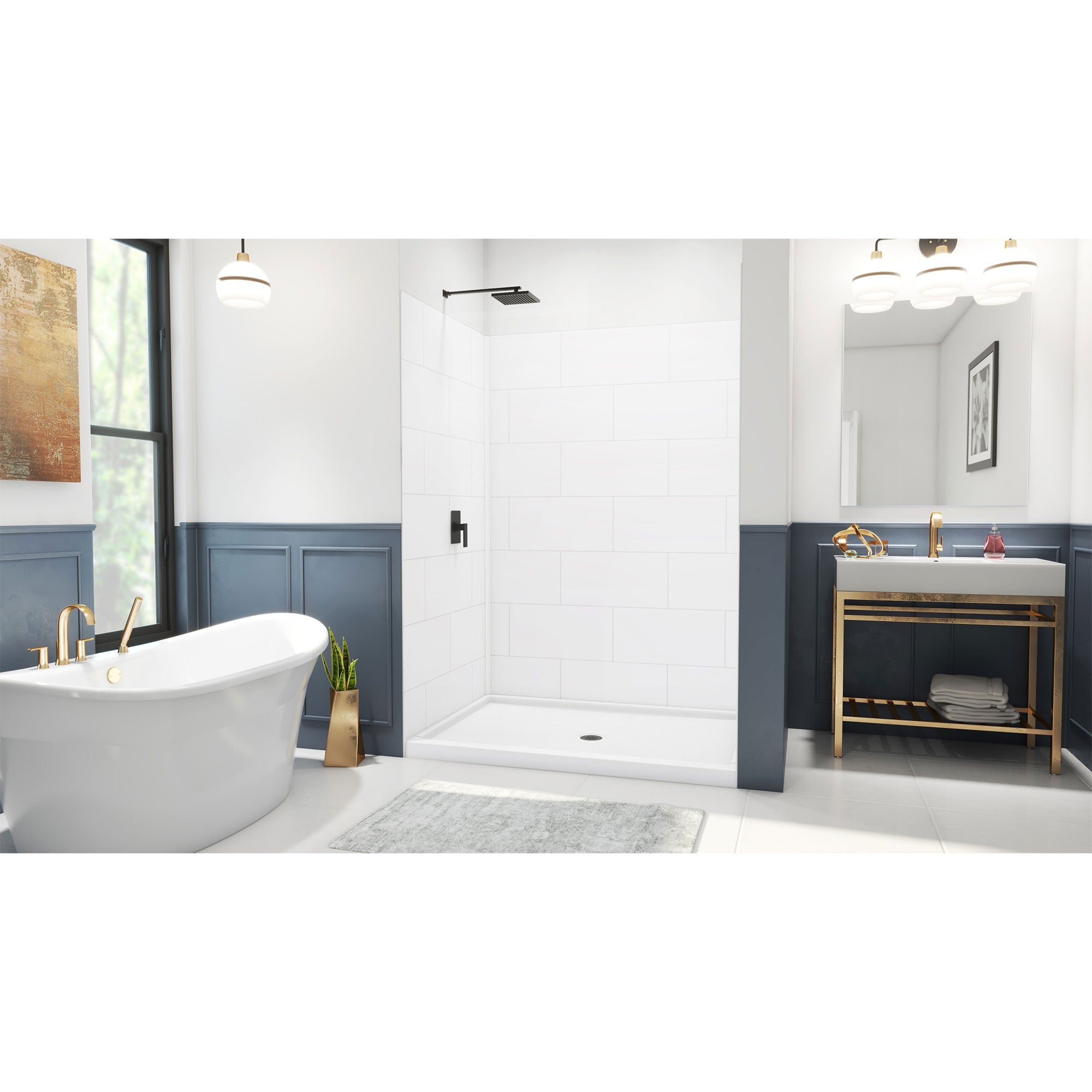 DreamLine DreamStone 42 inch D x 60 inch W Center Drain Shower Base and Traditional Subway Wall Kit