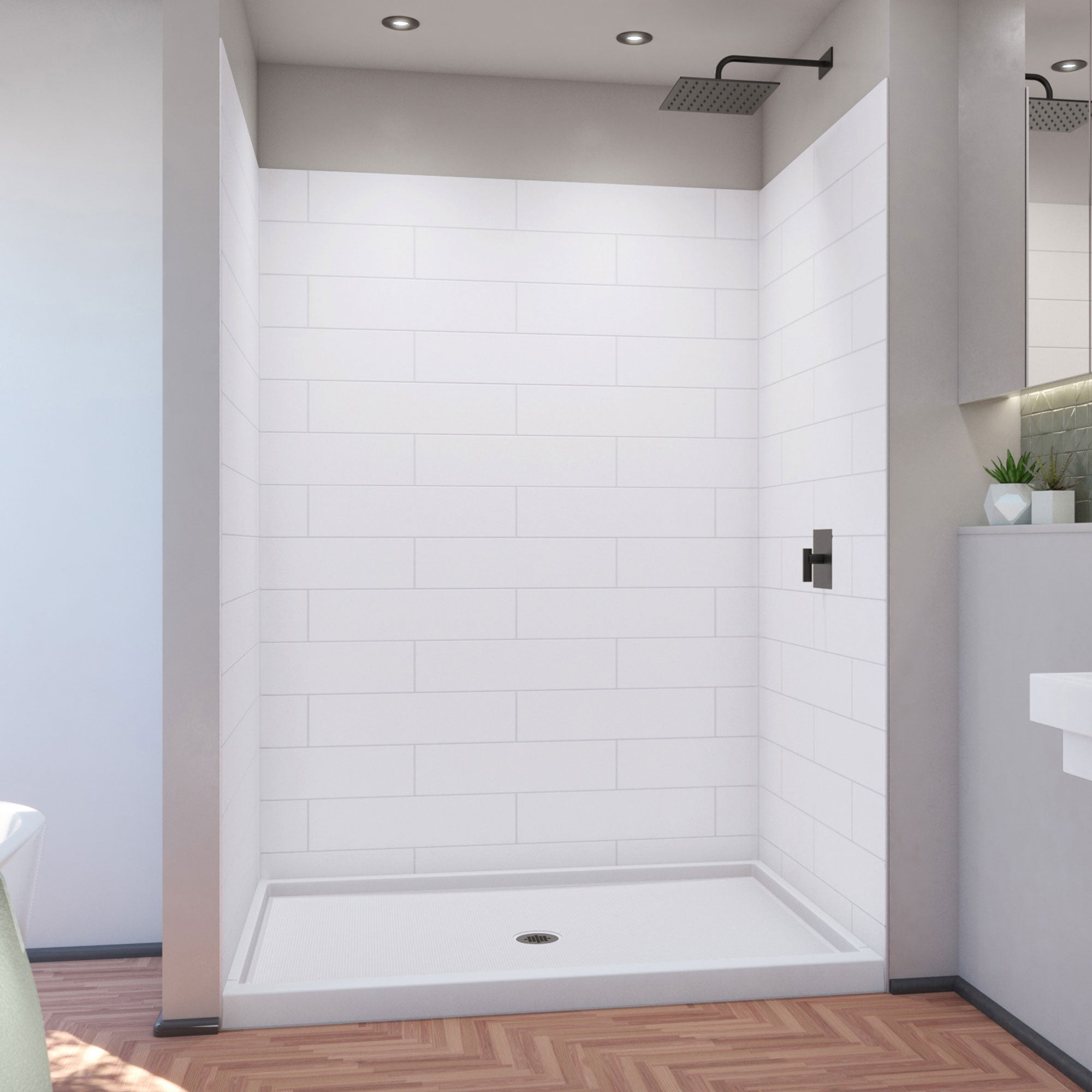 DreamLine DreamStone 42 inch D x 60 inch W Center Drain Shower Base and Traditional Subway Wall Kit