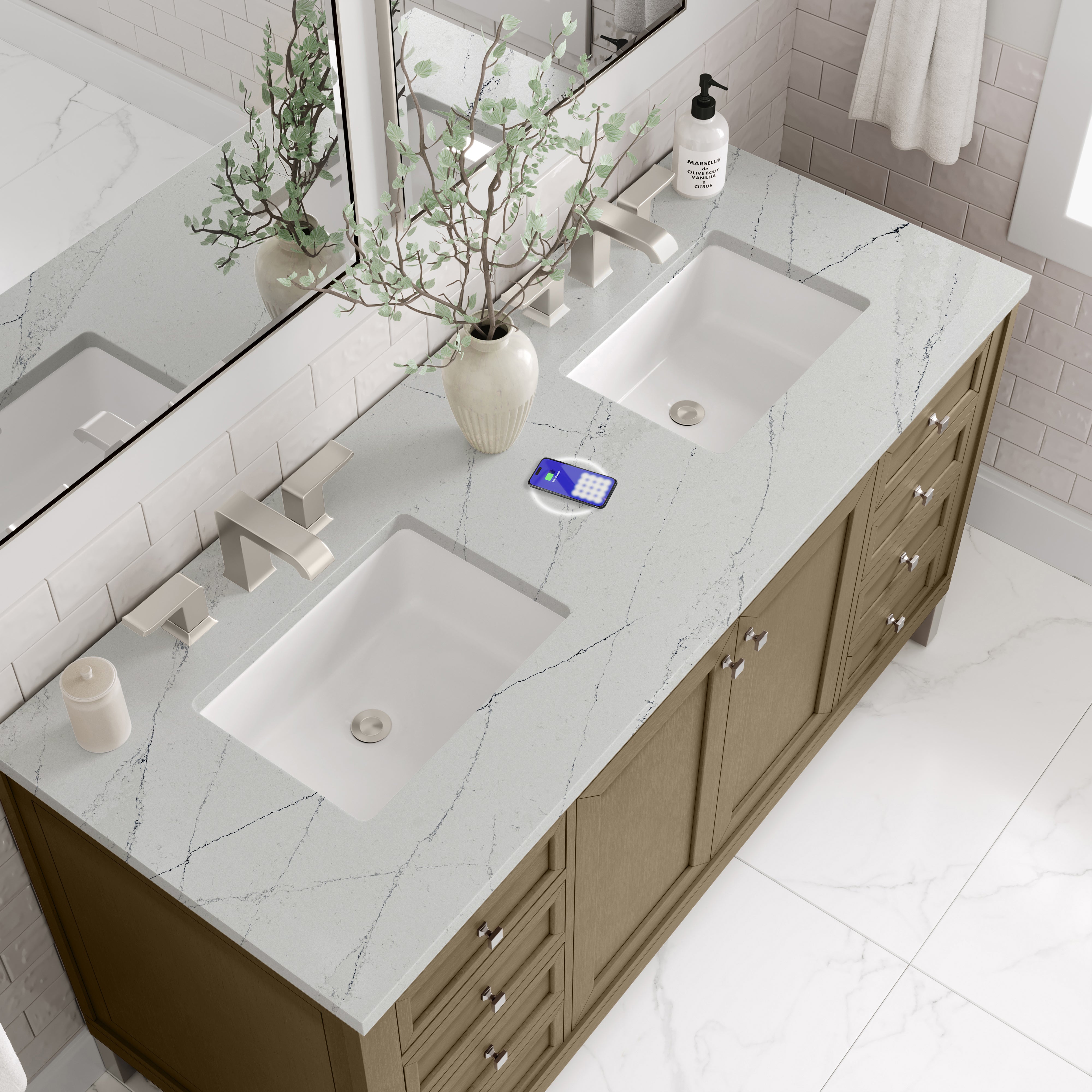 James Martin Chicago 60" Double Vanity in Walnut Whisper with 3cm Countertop and FreePower Wireless Charger
