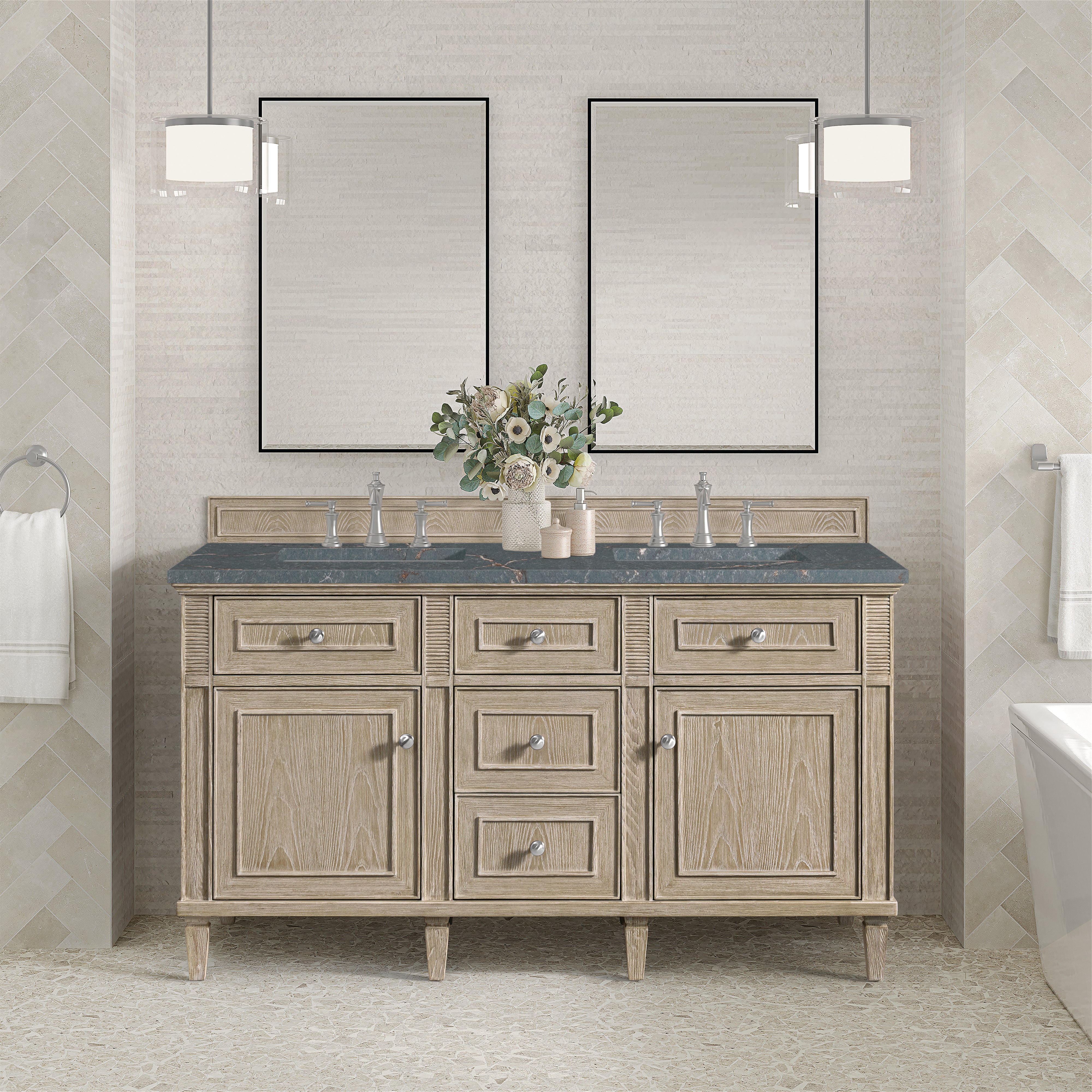 James Martin Lorelai 60" Double Vanity in Whitewashed Oak with 3cm Countertop and FreePower Wireless Charger