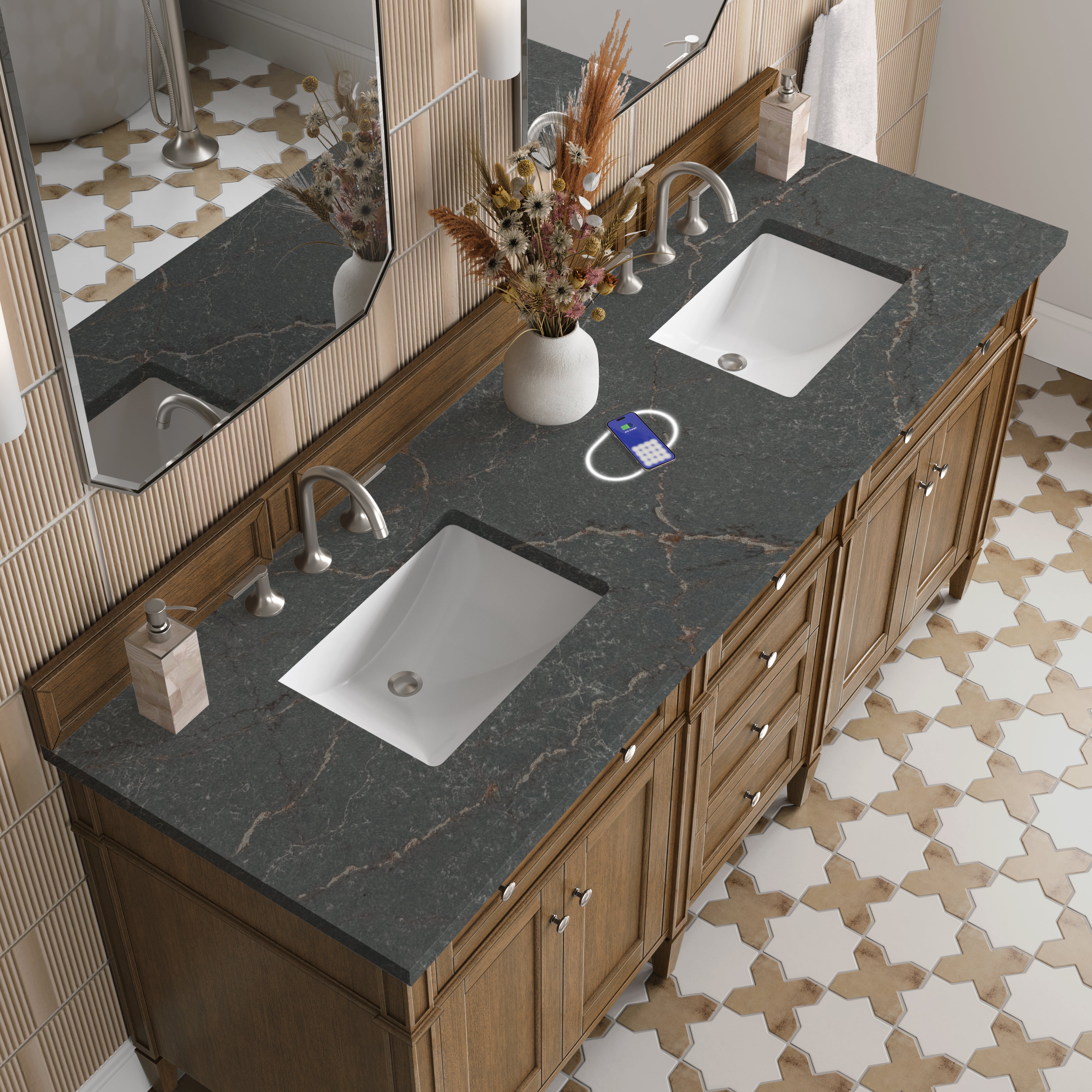 James Martin Brittany 72" Double Vanity in Saddle Brown with 3cm Countertop and FreePower Wireless Charger