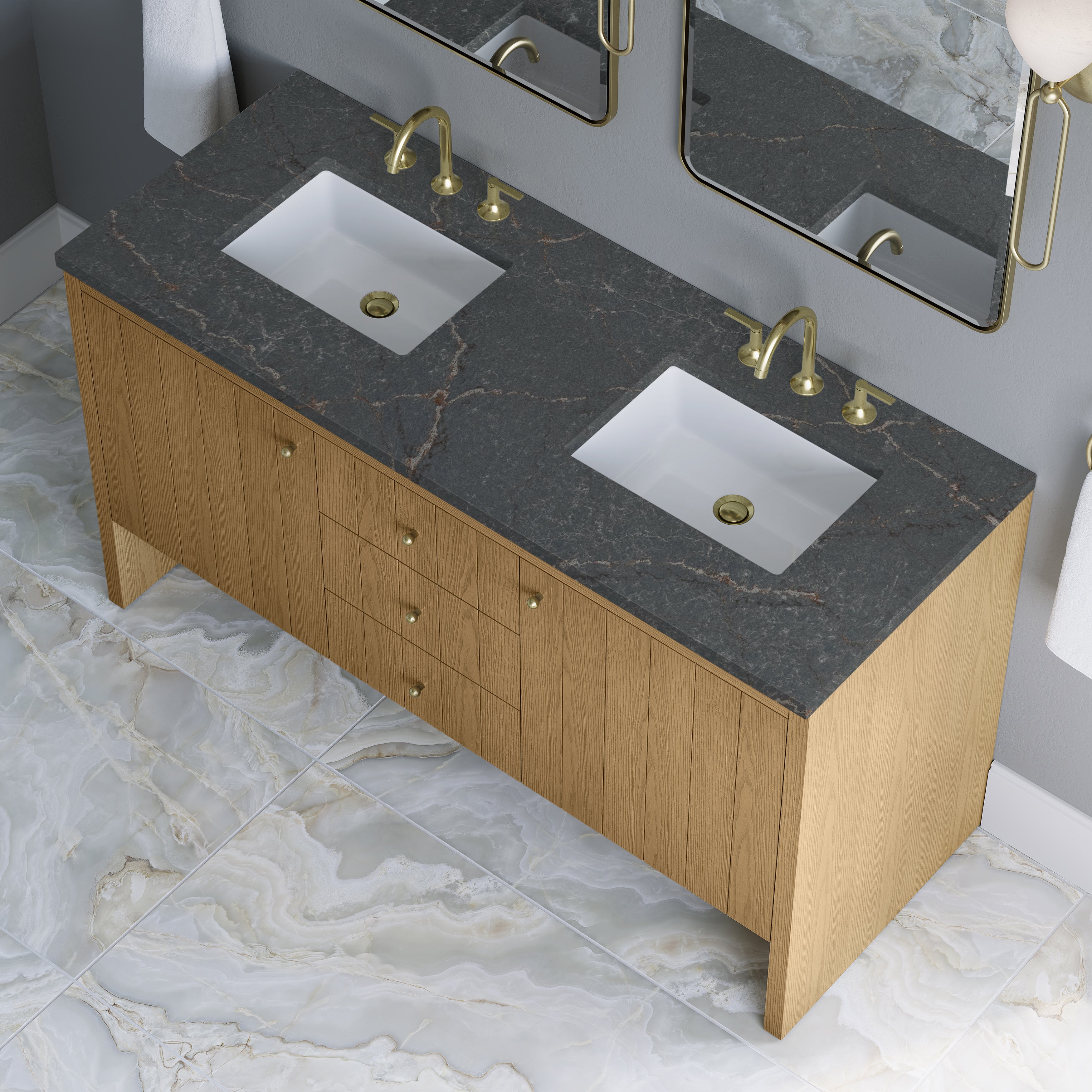 James Martin Hudson 60" Double Vanity in Light Natural Oak with 3cm Countertop and FreePower Wireless Charger