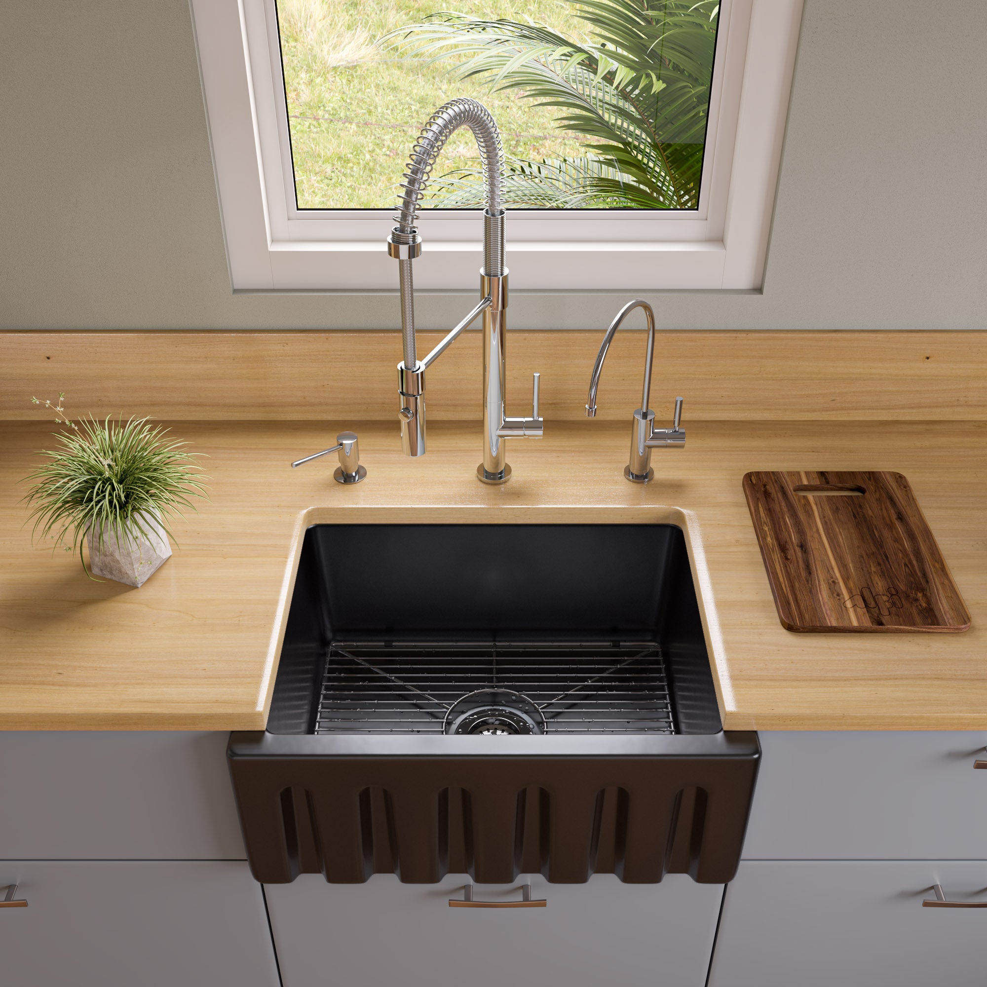ALFI brand AB2418HS 24" Reversible Smooth / Fluted Single Bowl Fireclay Farm Sink – Biscuit, Black Gloss, Black Matte, White