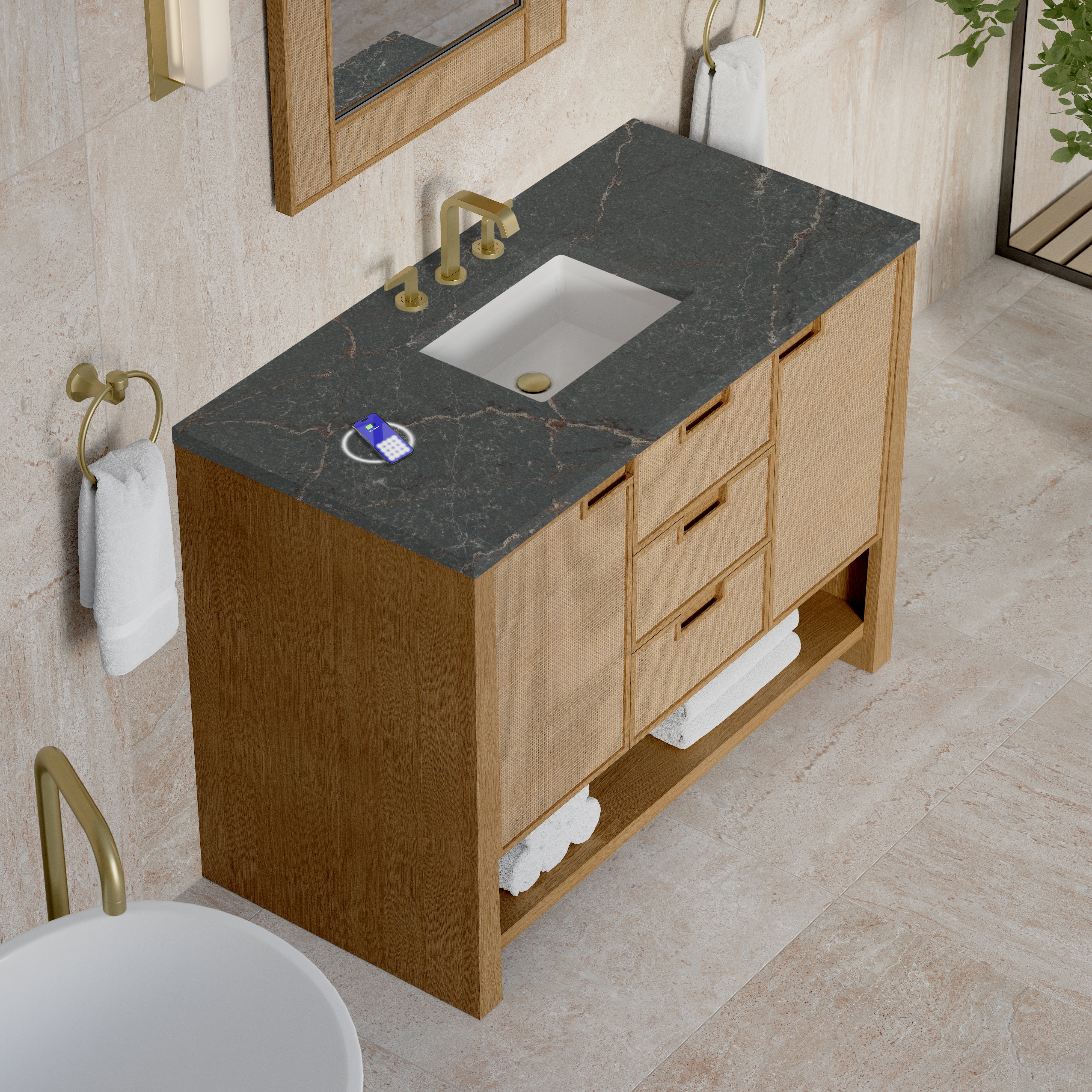 James Martin Solene 48" Single Vanity in Seaside Oak with 3cm Countertop and FreePower Wireless Charger