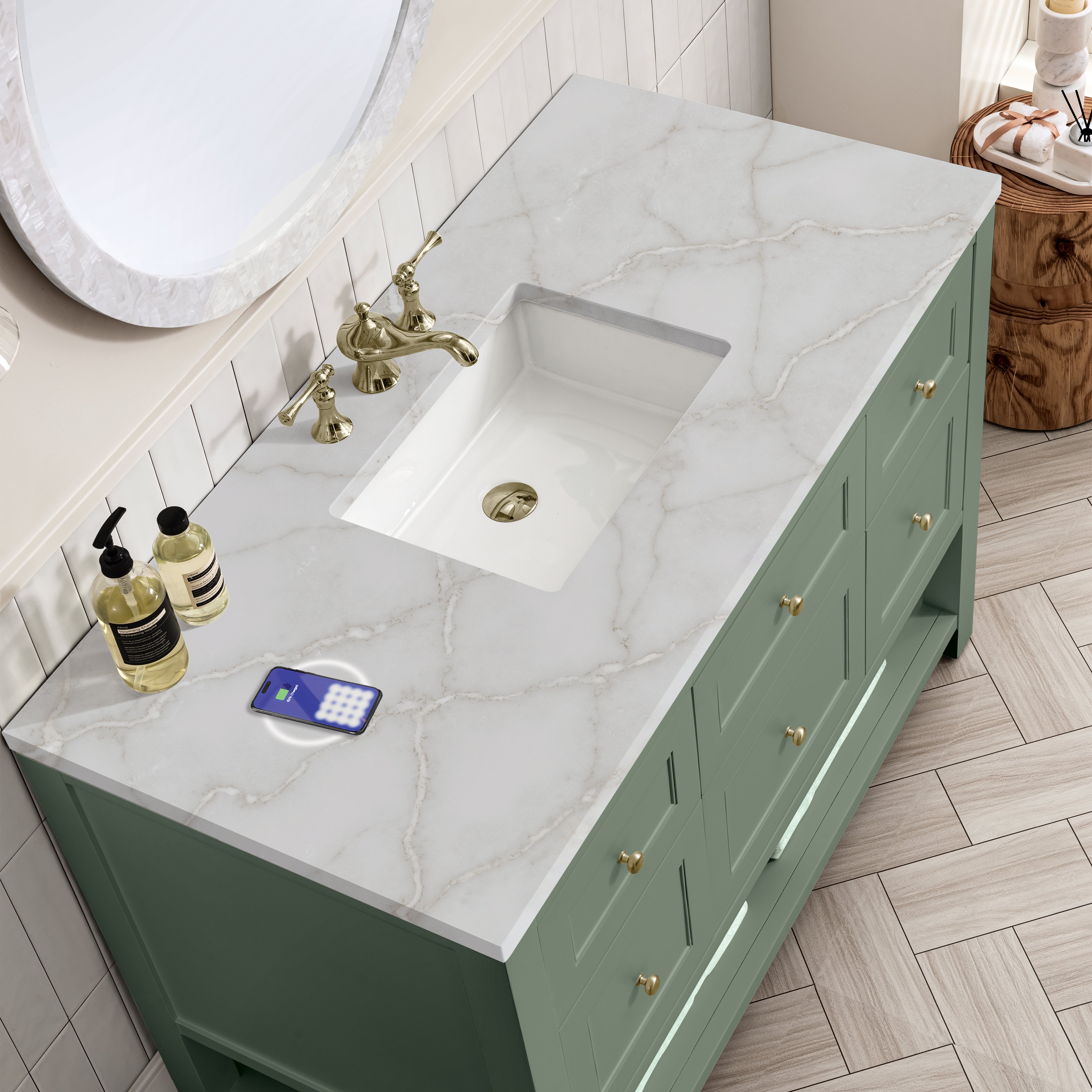 James Martin Breckenridge 48" Single Vanity in Smokey Celadon with 3cm Countertop and FreePower Wireless Charger