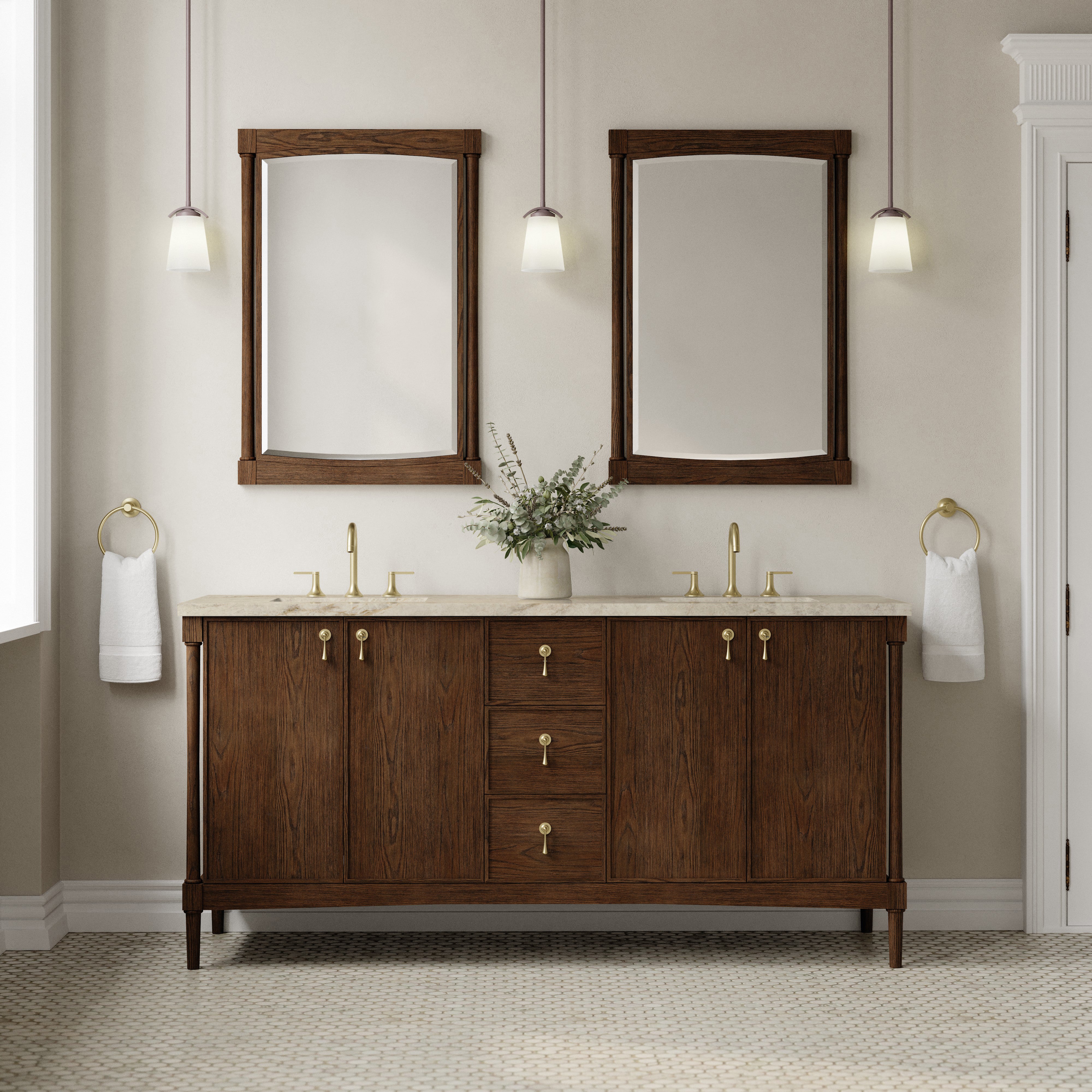 James Martin Kinnsden 72" Double Vanity in Sable Oak with 3cm Carrara Marble Top and FreePower Wireless Charger