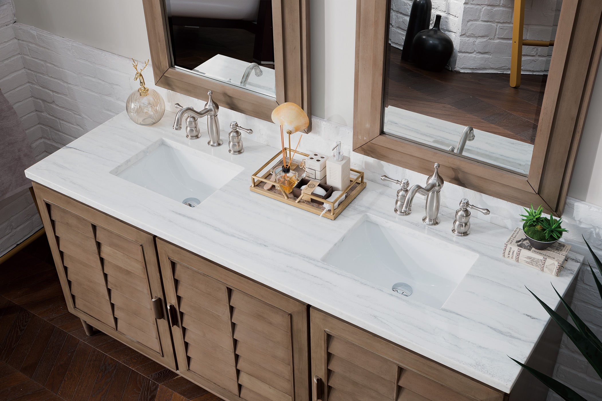 James Martin Portland 72" Double Vanity in Whitewashed Walnut with 3cm Countertop and FreePower Wireless Charger