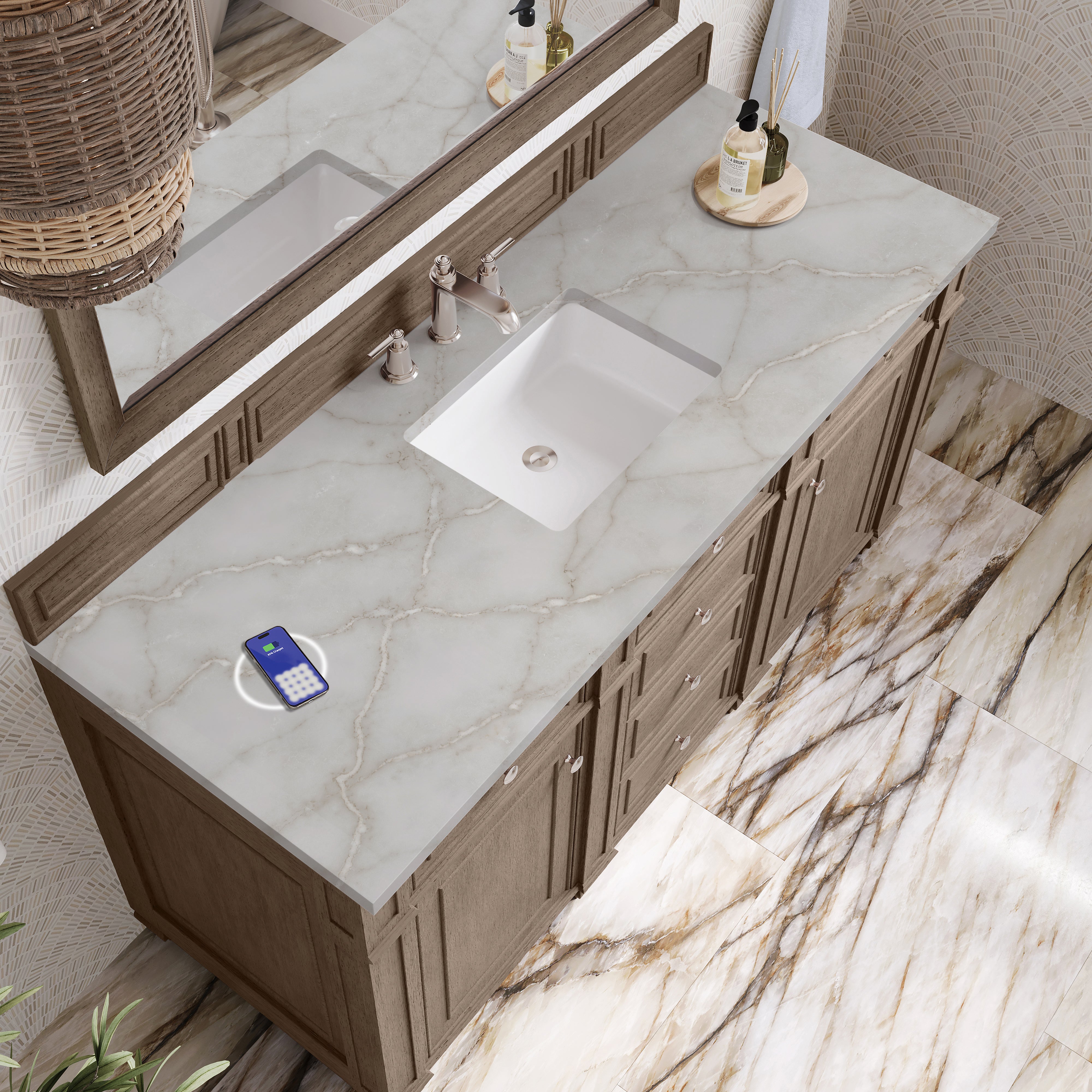 James Martin Bristol 60" Single Vanity in Whitewashed Walnut with 3cm Countertop and FreePower Wireless Charger