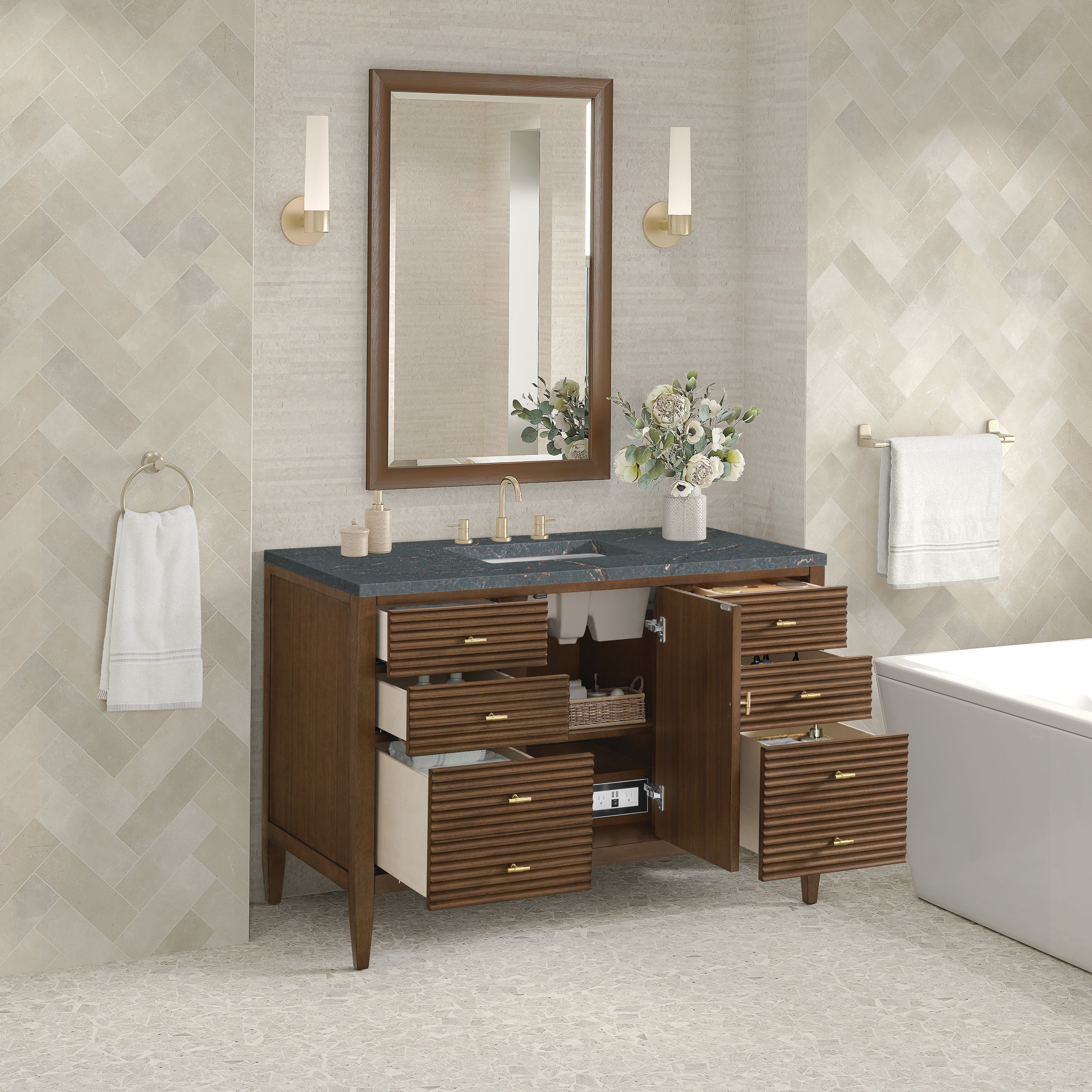 James Martin Myrrin 48" Single Vanity in Mid Century Walnut with 3cm Countertop and FreePower Wireless Charger