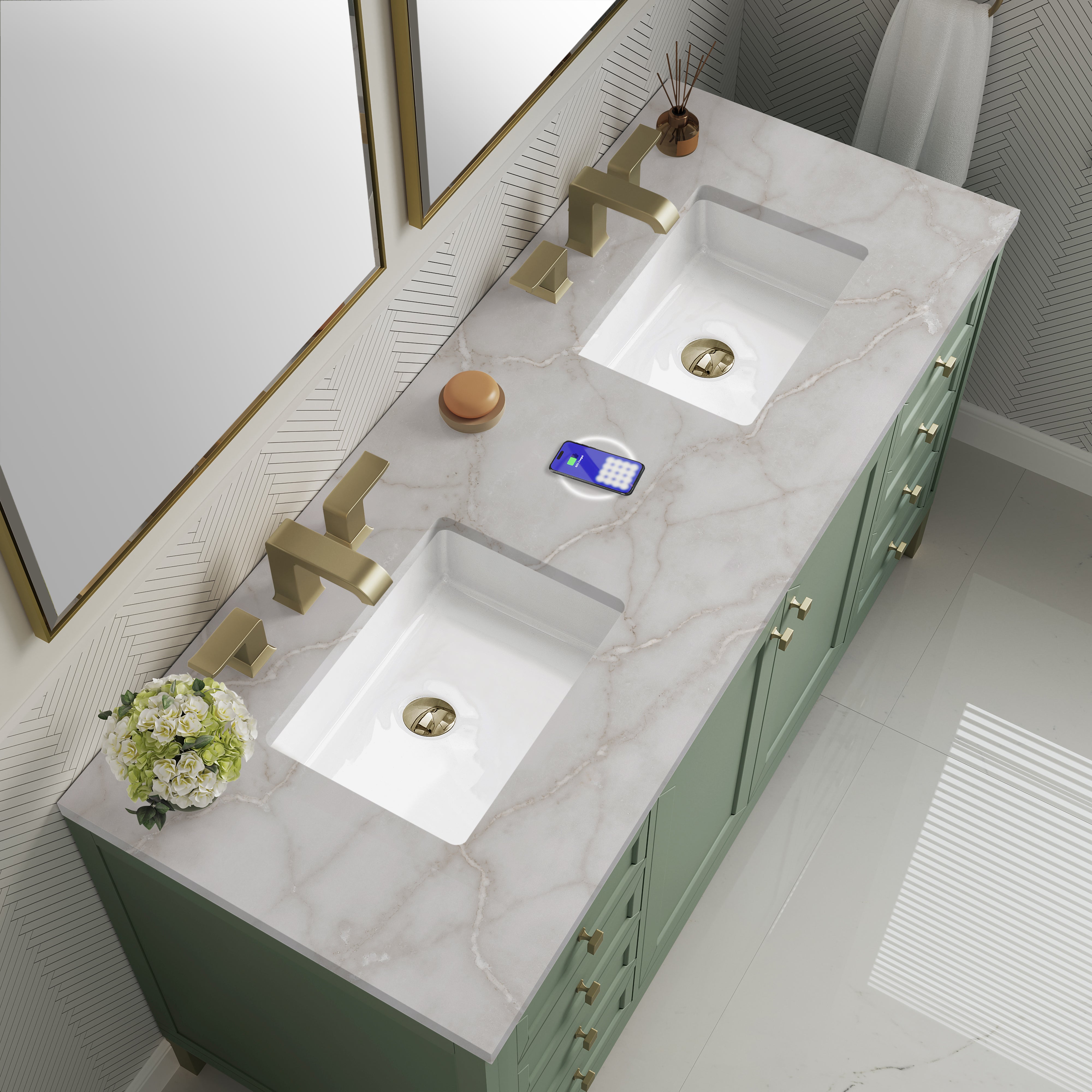 James Martin Chicago 60" Double Vanity in Smokey Celadon with 3cm Countertop and FreePower Wireless Charger