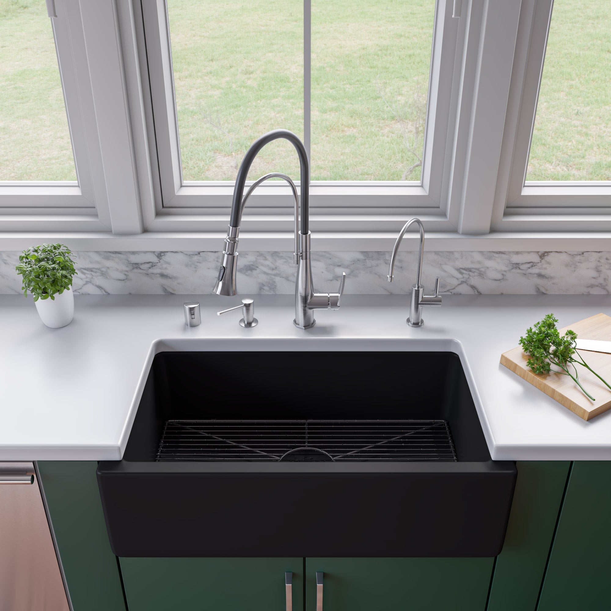ALFI brand AB3318HS 33" x 18" Reversible Fluted / Smooth Fireclay Farm Sink