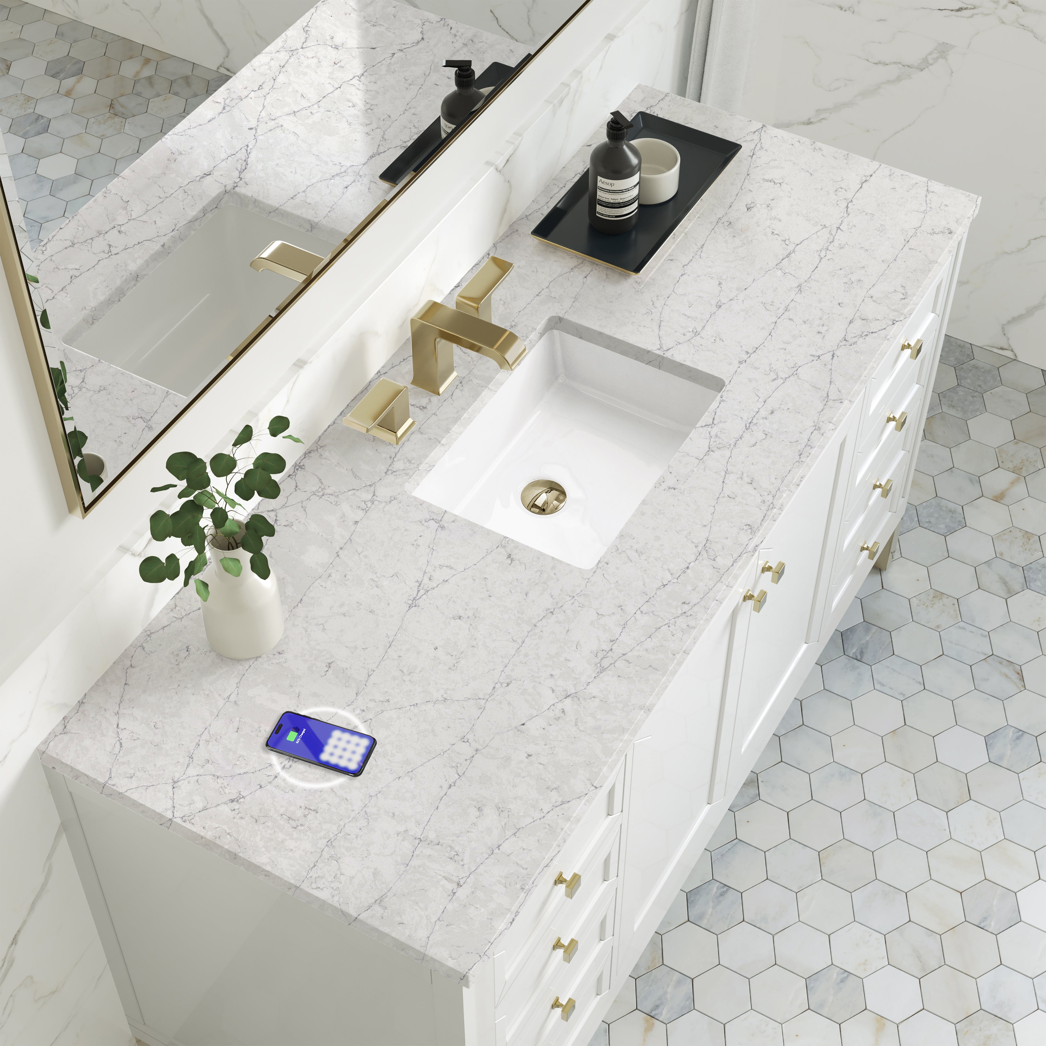 James Martin Chicago 60" Single Vanity in Glossy White with 3cm Countertop and FreePower Wireless Charger