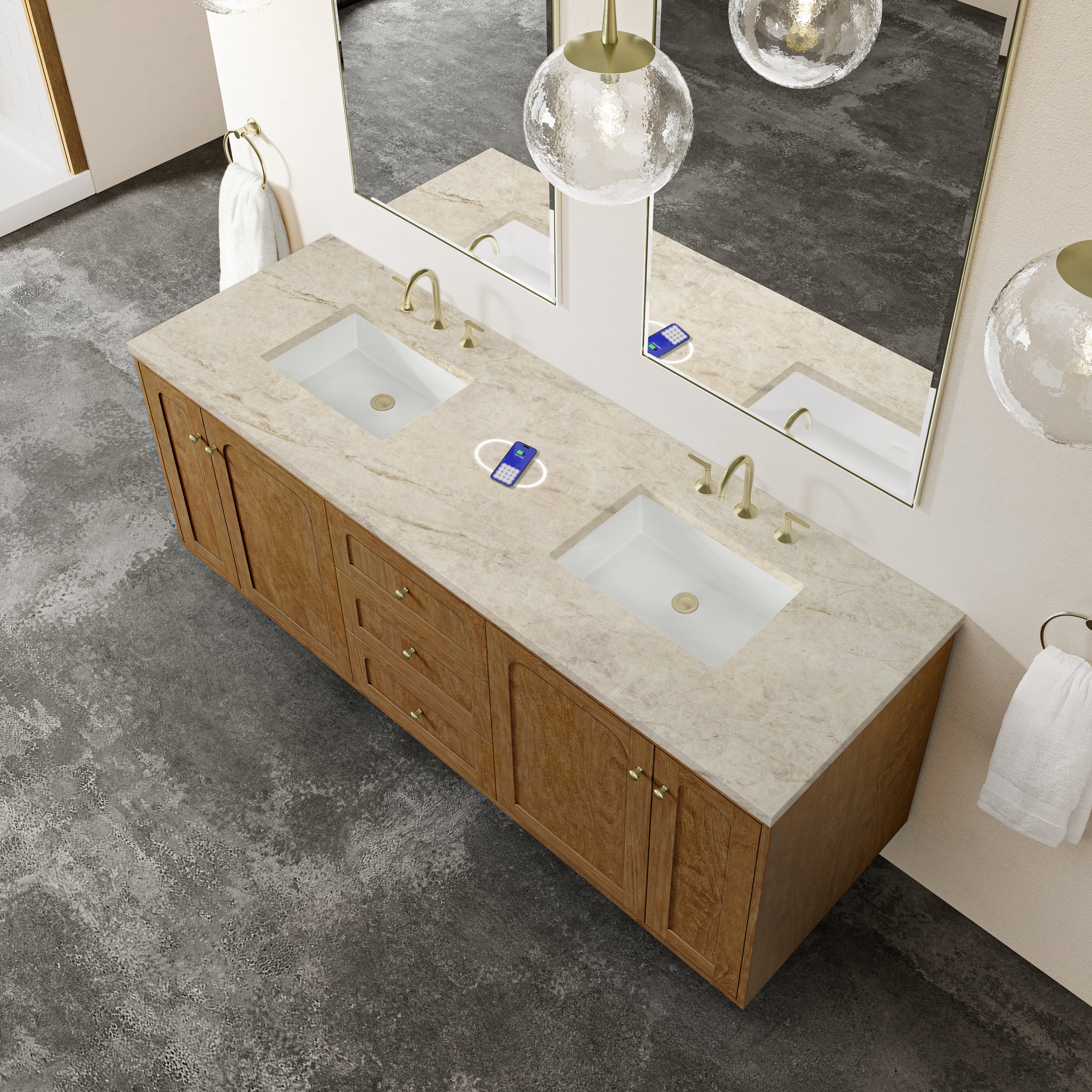 James Martin Laurent 72" Double Vanity in Honey Oak with 3cm Countertop and FreePower Wireless Charger
