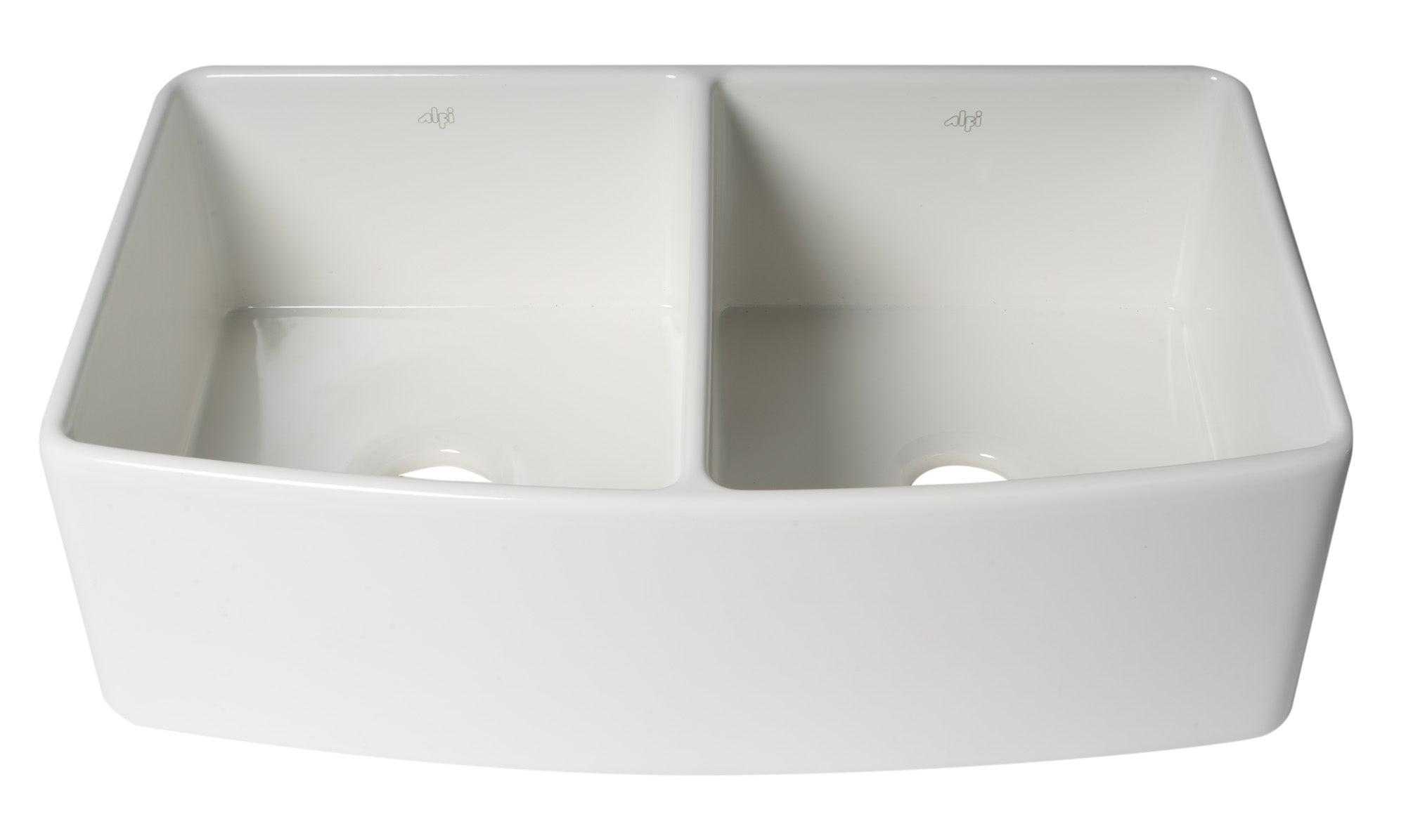 ALFI brand ABFC3320D ABFC3320D-W White Smooth Curved Apron 33" x 20" Double Bowl Fireclay Farm Sink with Grid