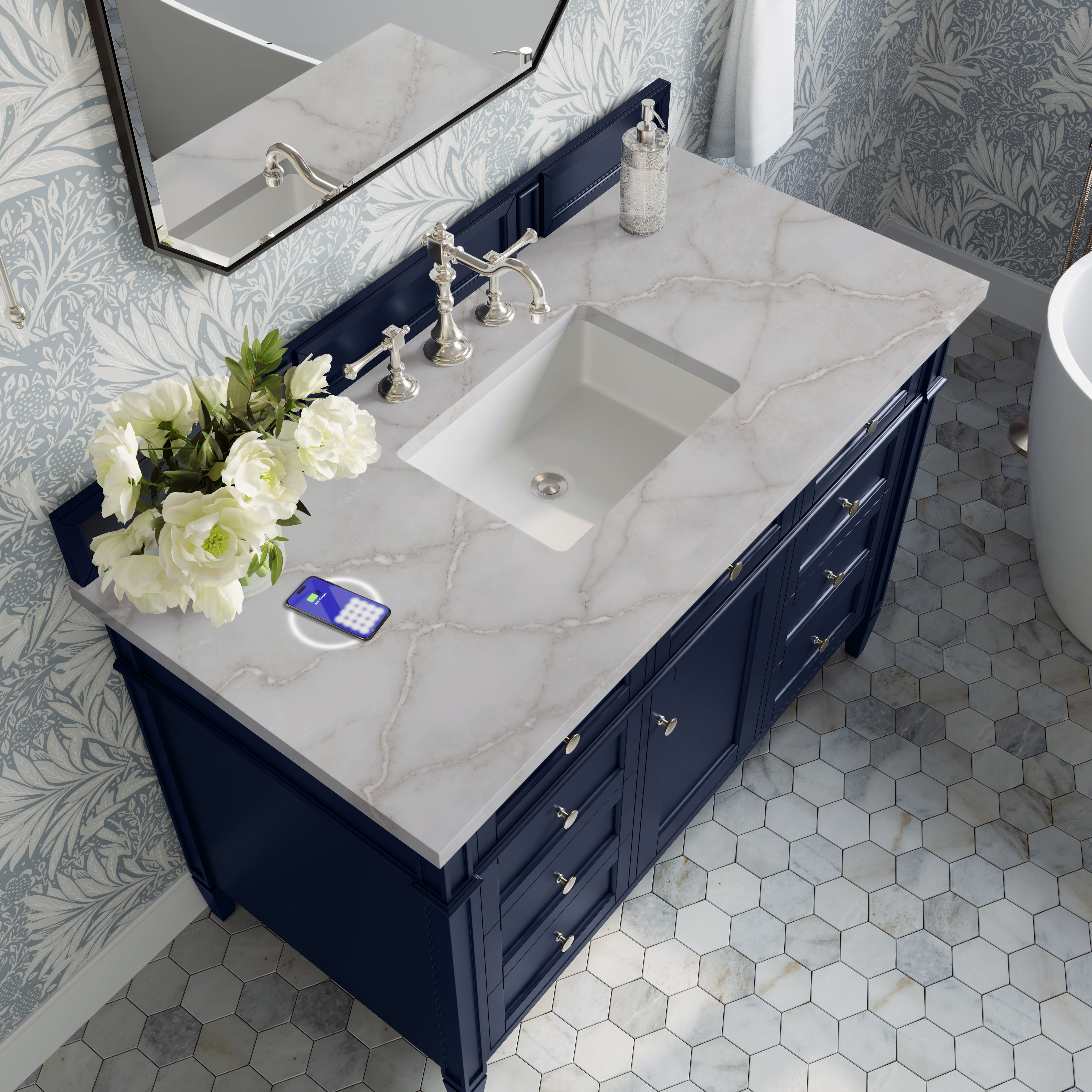 James Martin Brittany 48" Single Vanity in Victory Bleu with 3cm Countertop and FreePower Wireless Charger