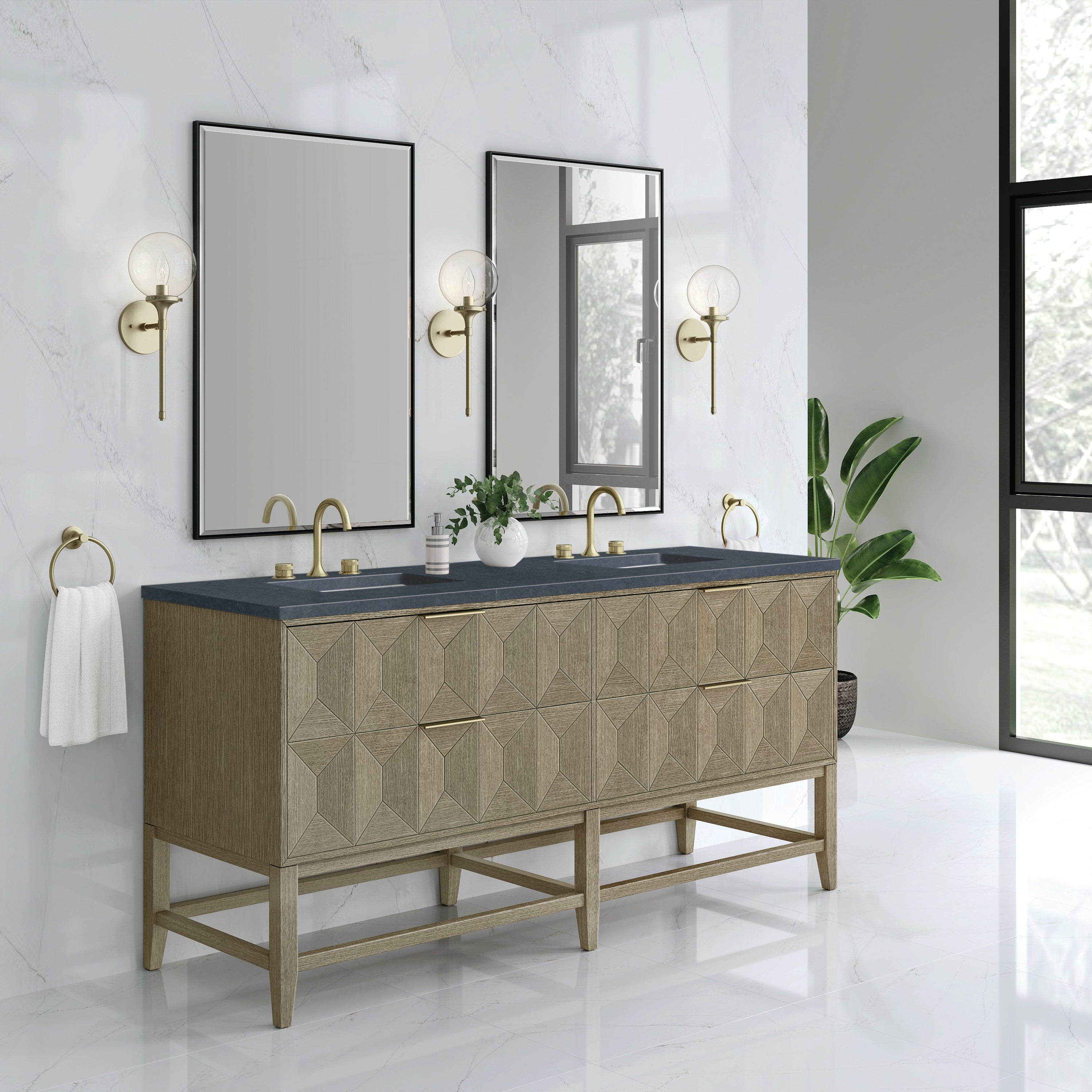 James Martin Emmeline 72" Double Vanity in Pebble Oak with 3cm Countertop