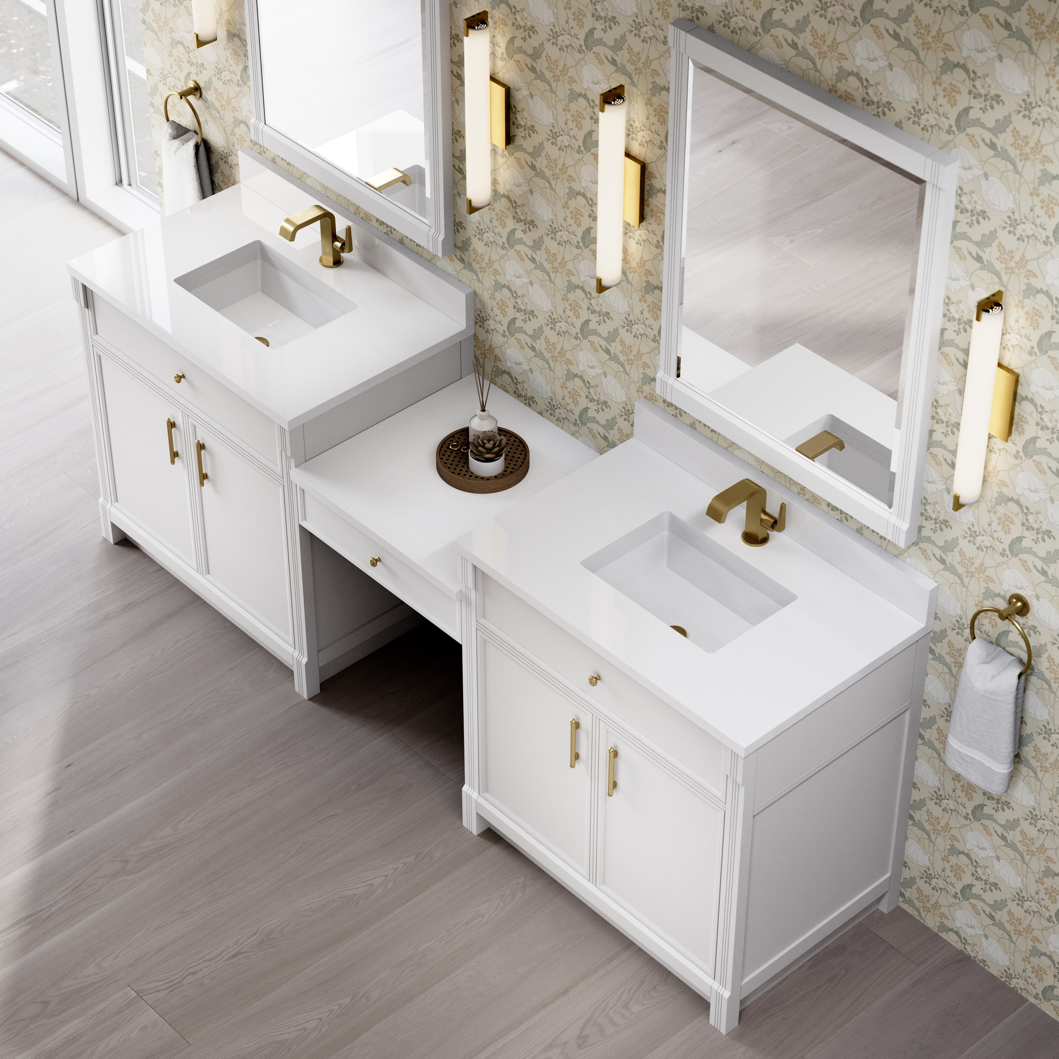 James Martin Bellshire 96" Dual Vanity Set with 24" Make-Up Counter in Bright White with 3cm Countertop