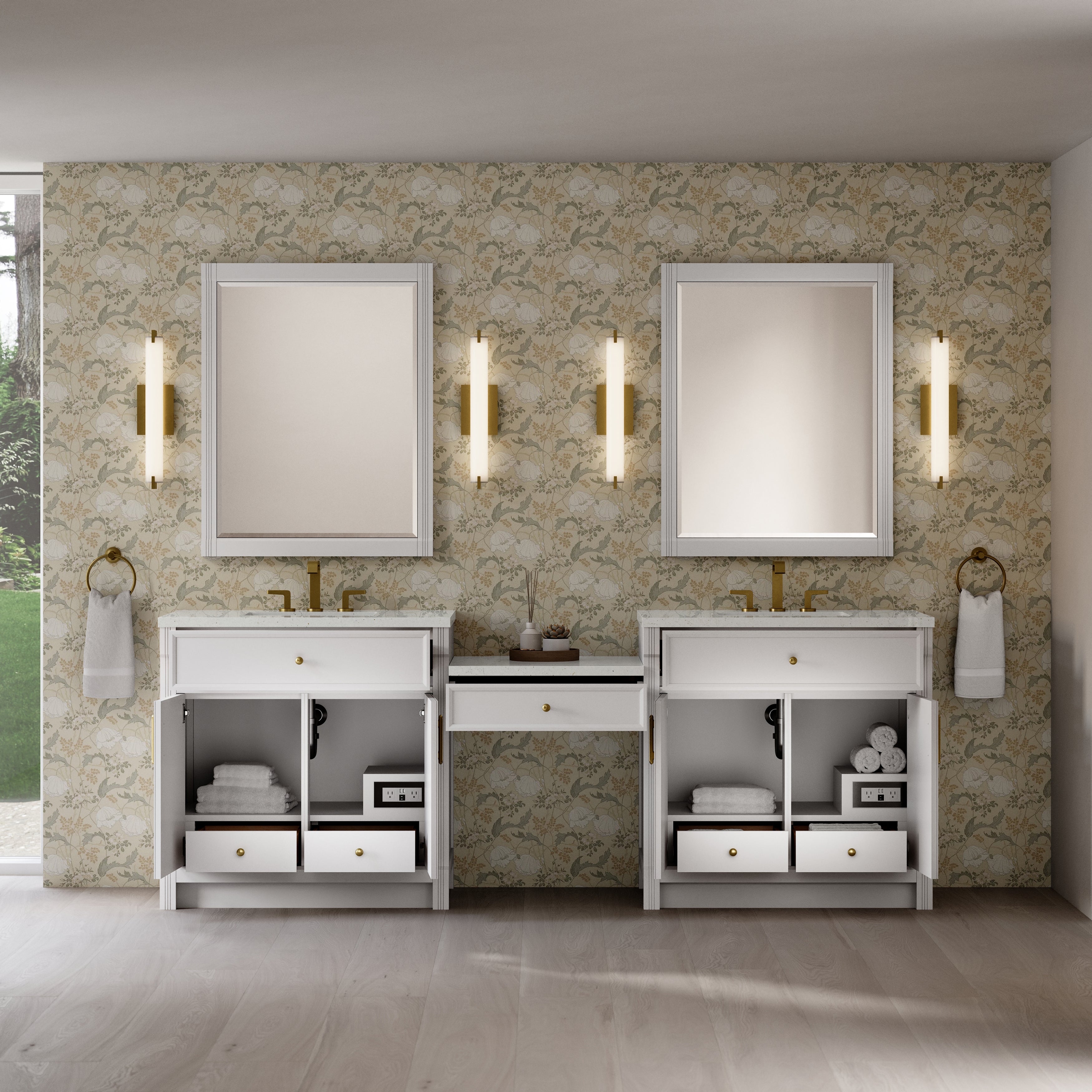 James Martin Bellshire 96" Dual Vanity Set with 24" Make-Up Counter in Bright White with 3cm Countertop
