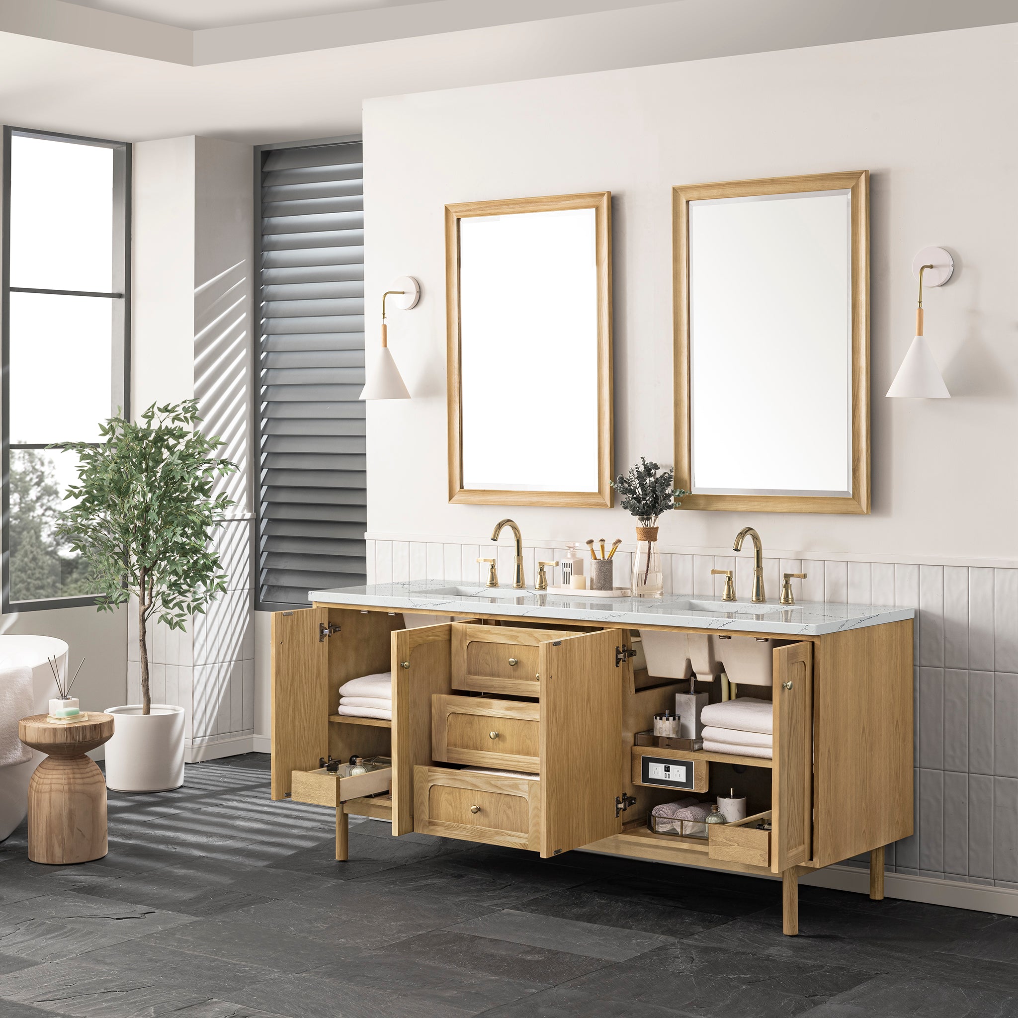James Martin Laurent 72" Double Vanity in Light Natural Oak with 3cm Countertop and FreePower Wireless Charger