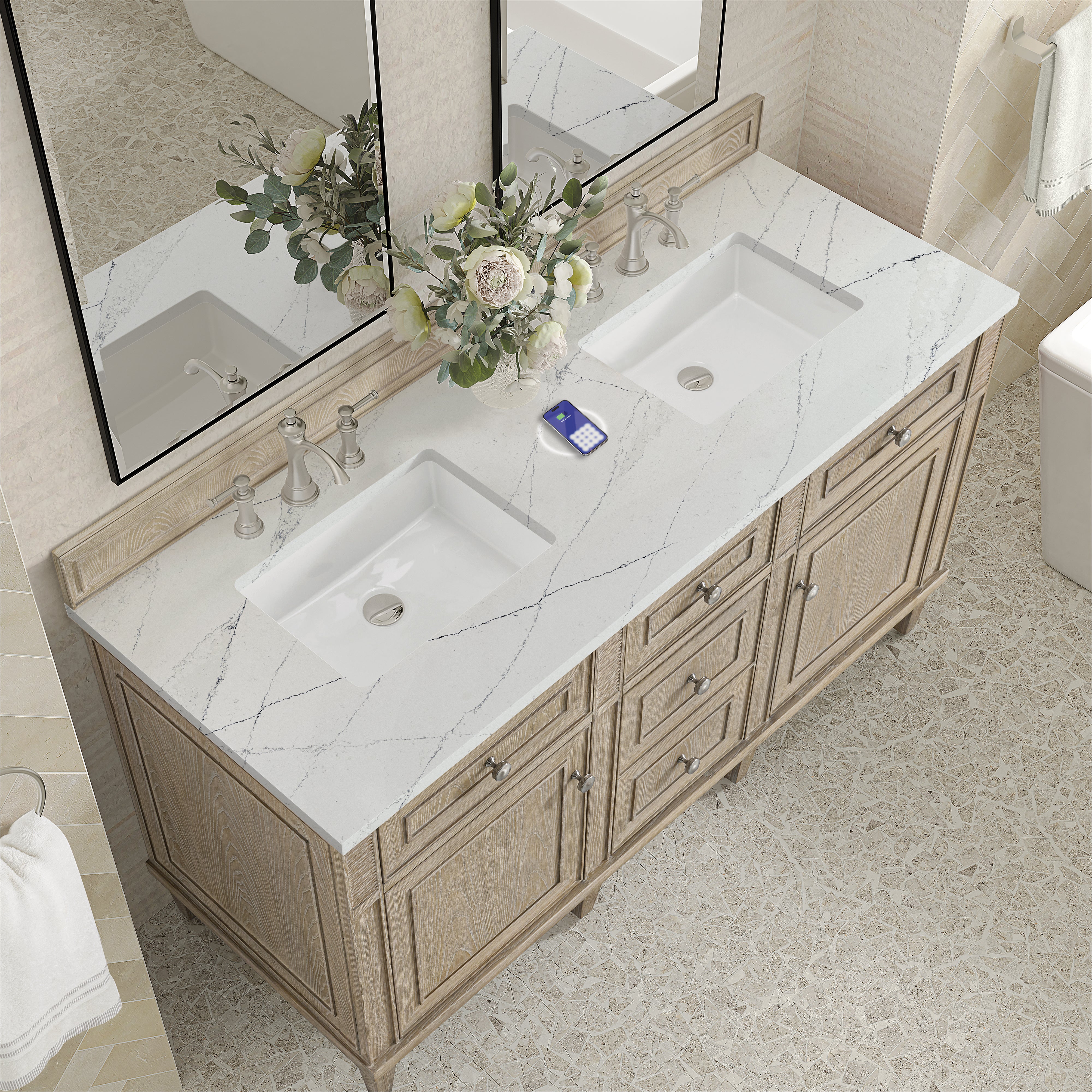 James Martin Lorelai 60" Double Vanity in Whitewashed Oak with 3cm Countertop and FreePower Wireless Charger